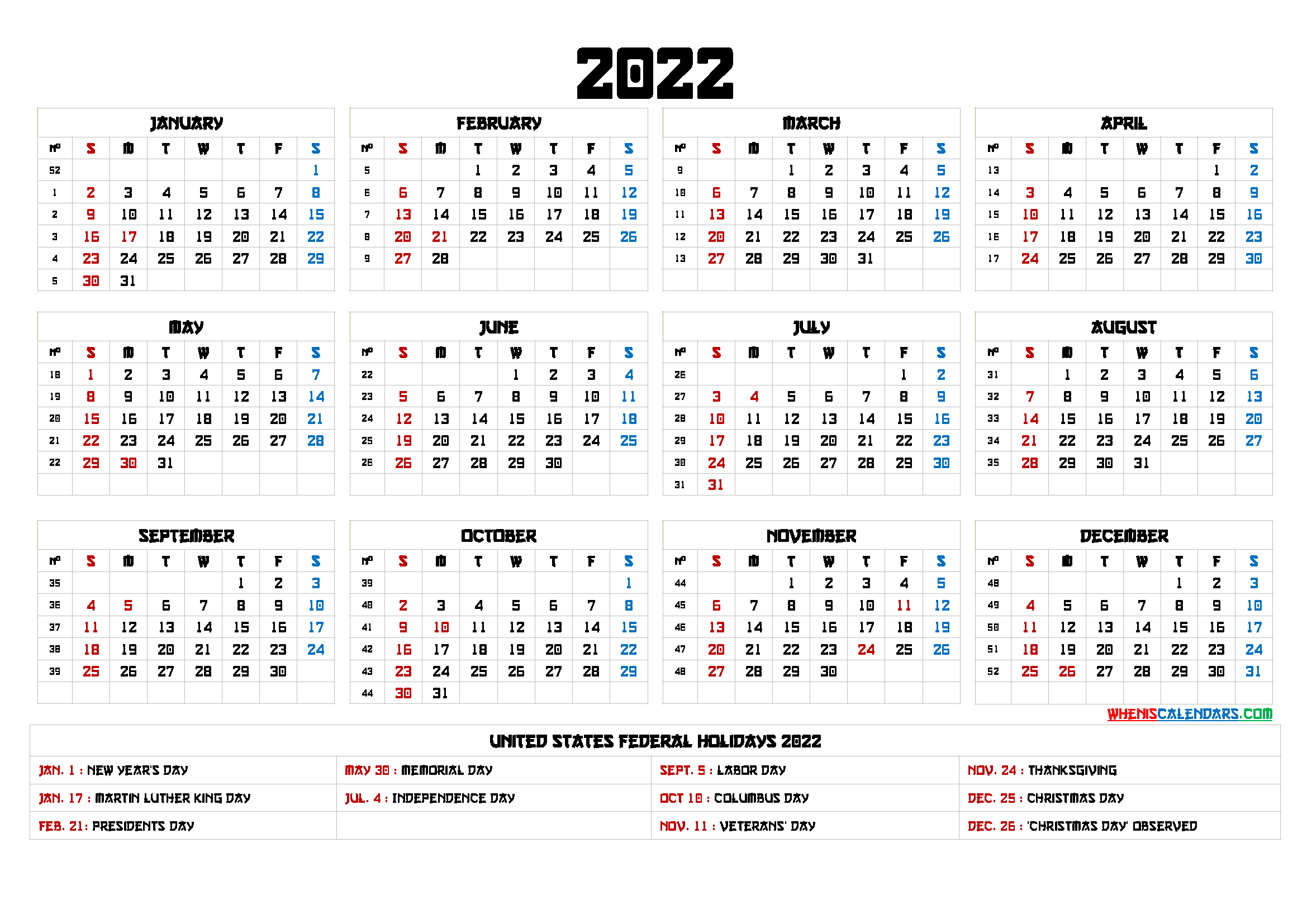 Free Printable 2022 Calendar