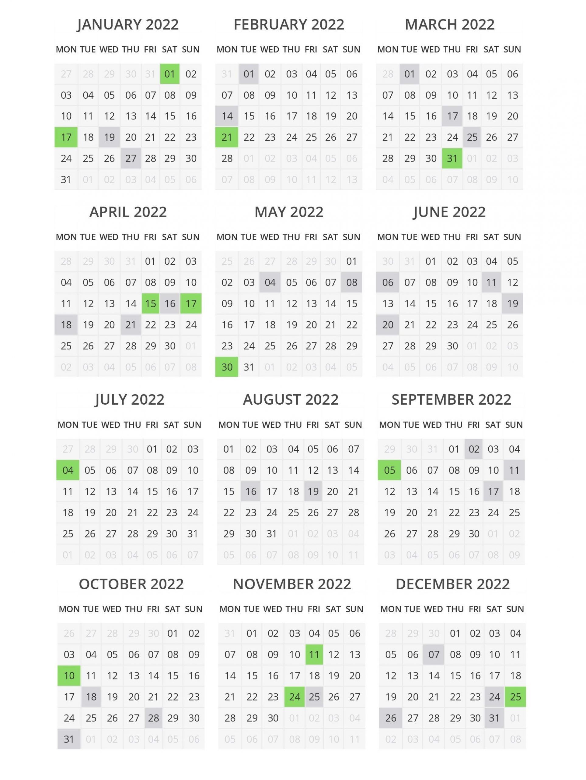2022 Yearly Calendar Printable Download
