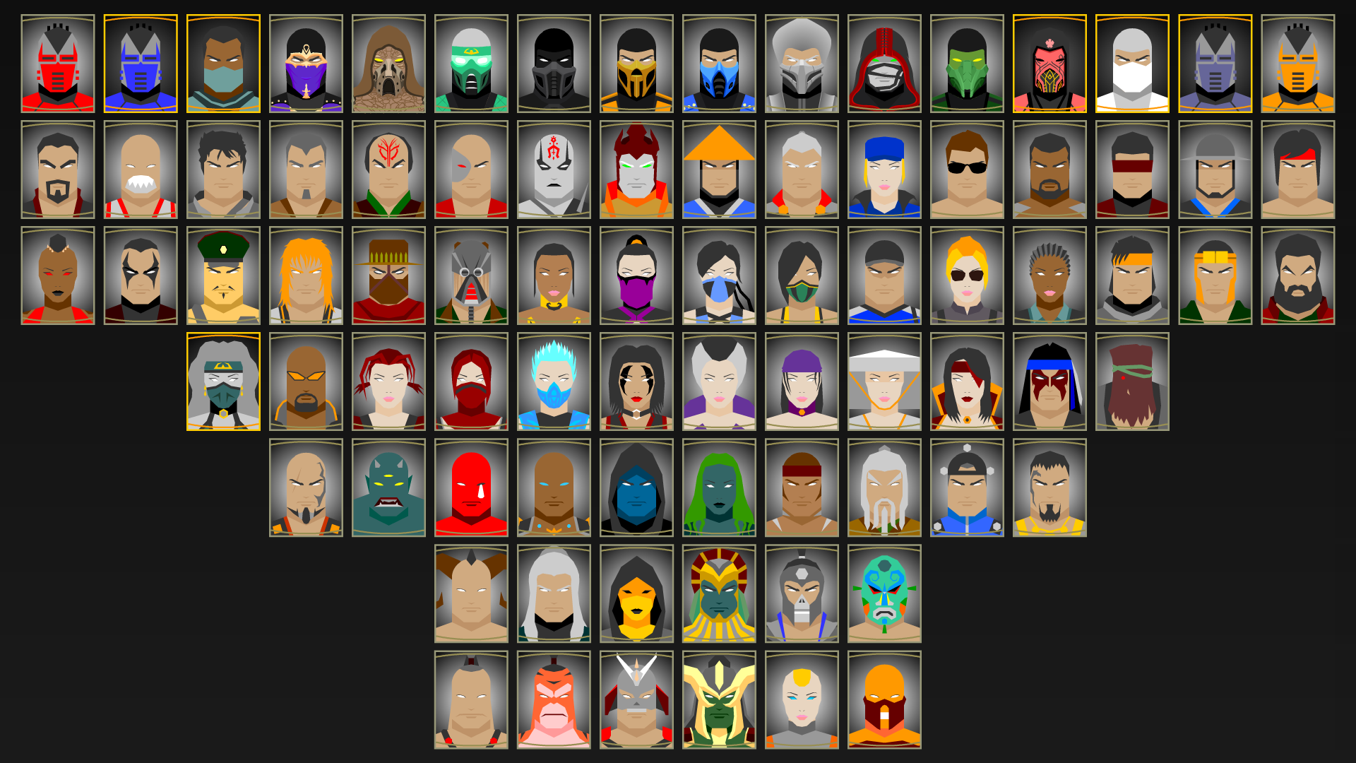 Mortal Kombat Armageddon but the characters are sorted, yellow border are new and Khameleon