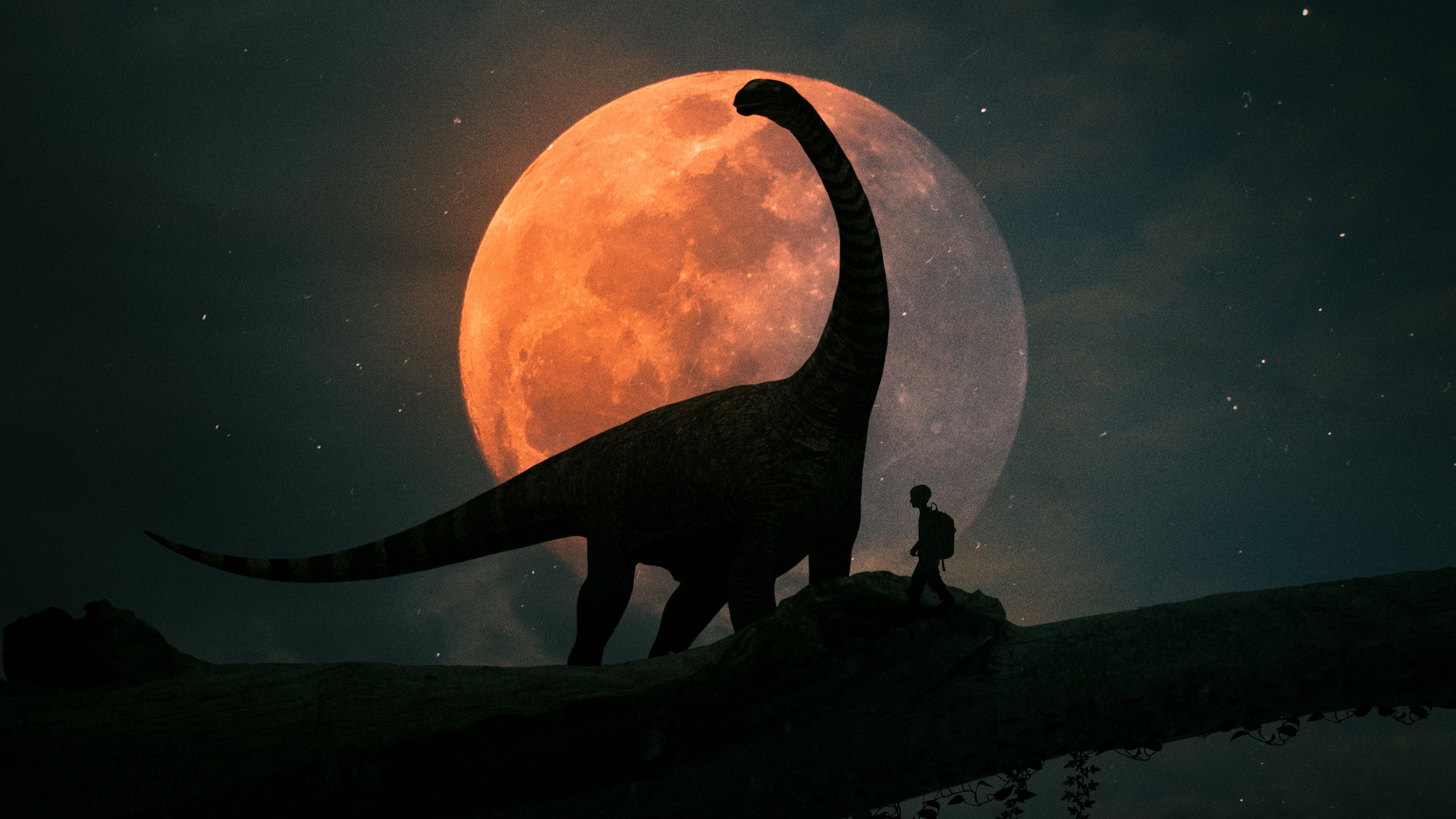 Dinosaur 4K Wallpaper, Kid, Night, Travel, Discover, Moon, Silhouette, Graphics CGI