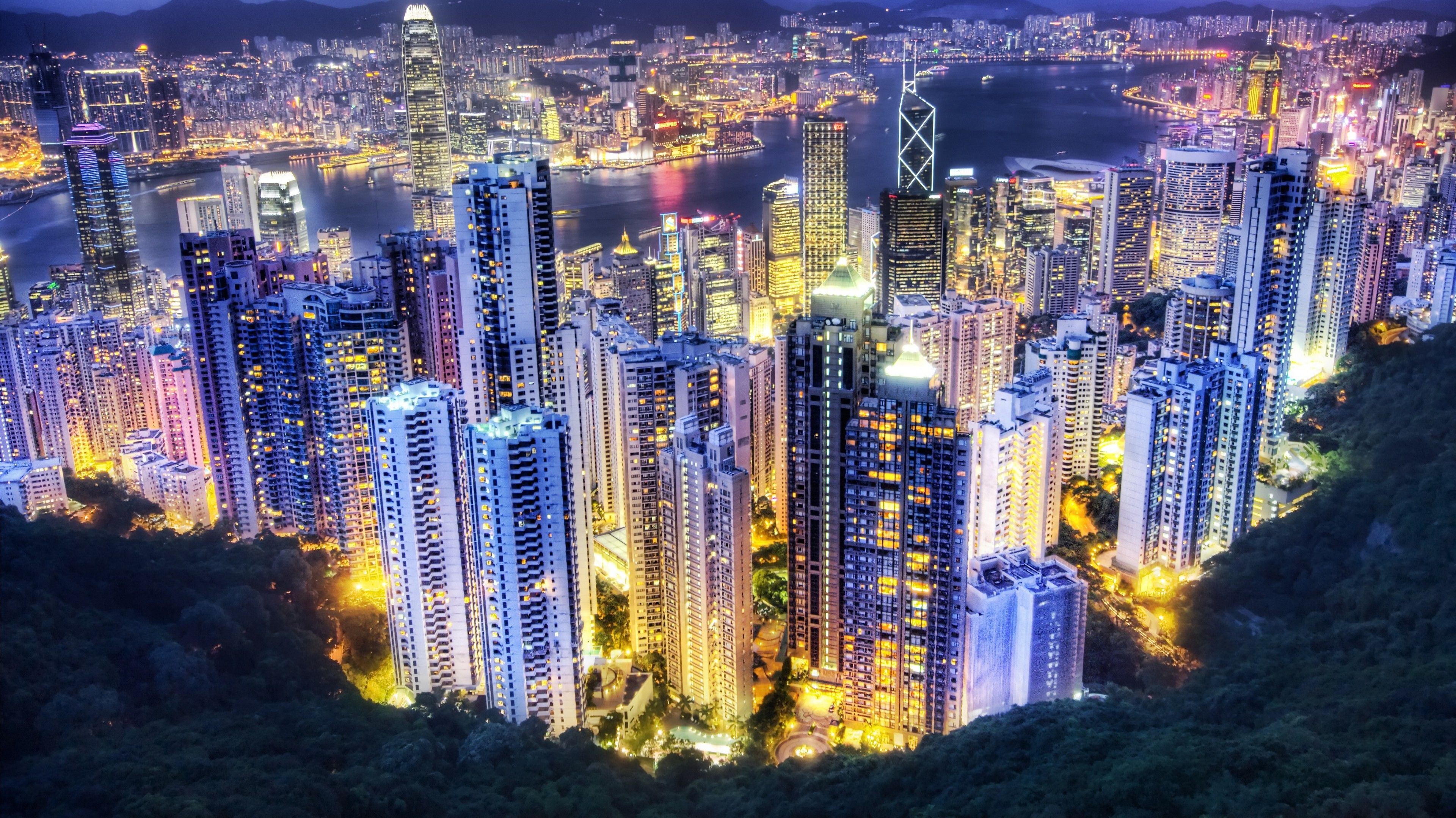 Hong Kong City 4K Wallpaper, Aerial view, Night lights, Cityscape, Sunset, Skyscrapers, Vibrant, World