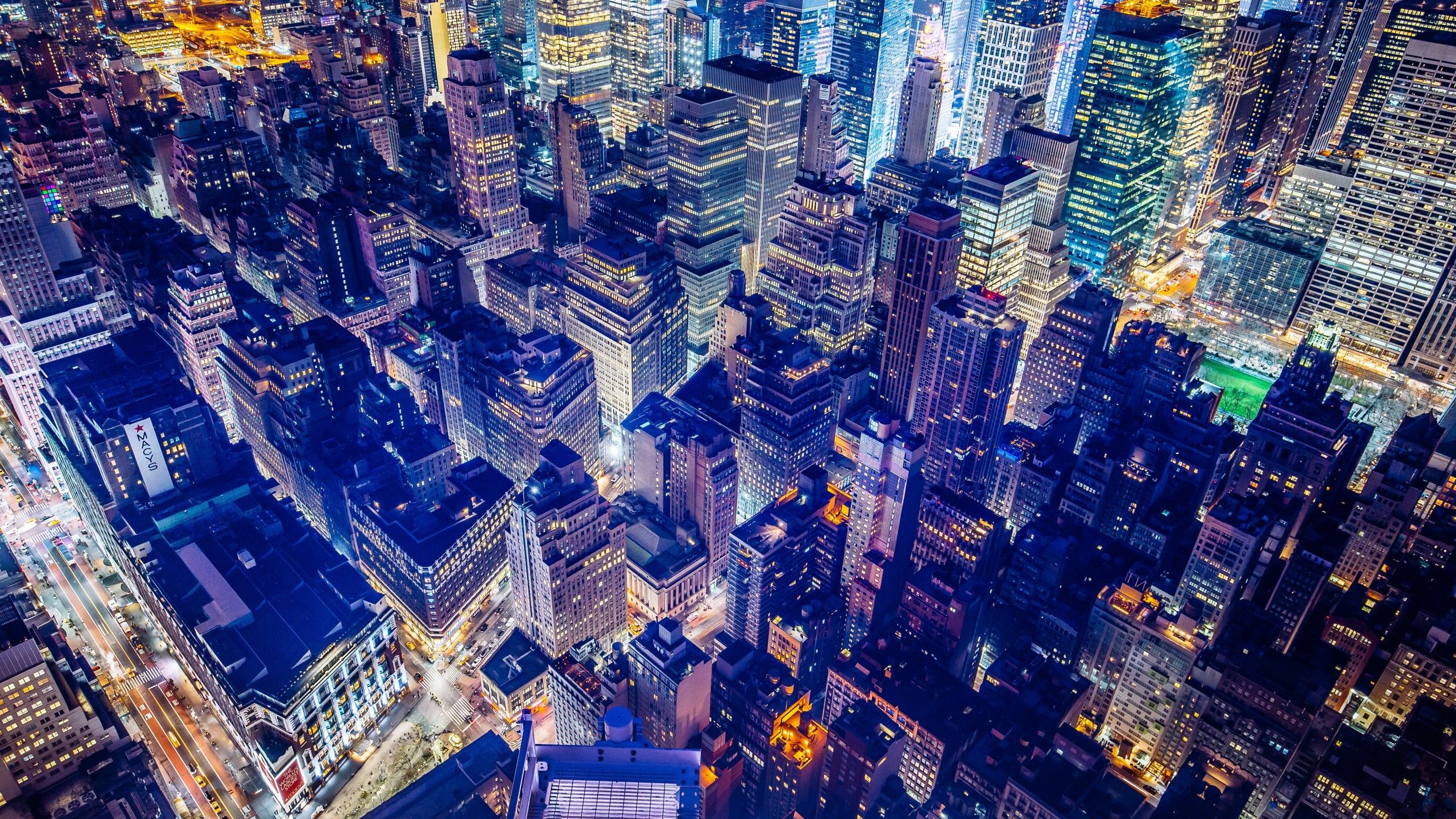 New York City 4K Wallpaper, Aerial View, Cityscape, Nightscape, Night time, City lights, Skyscrapers, World