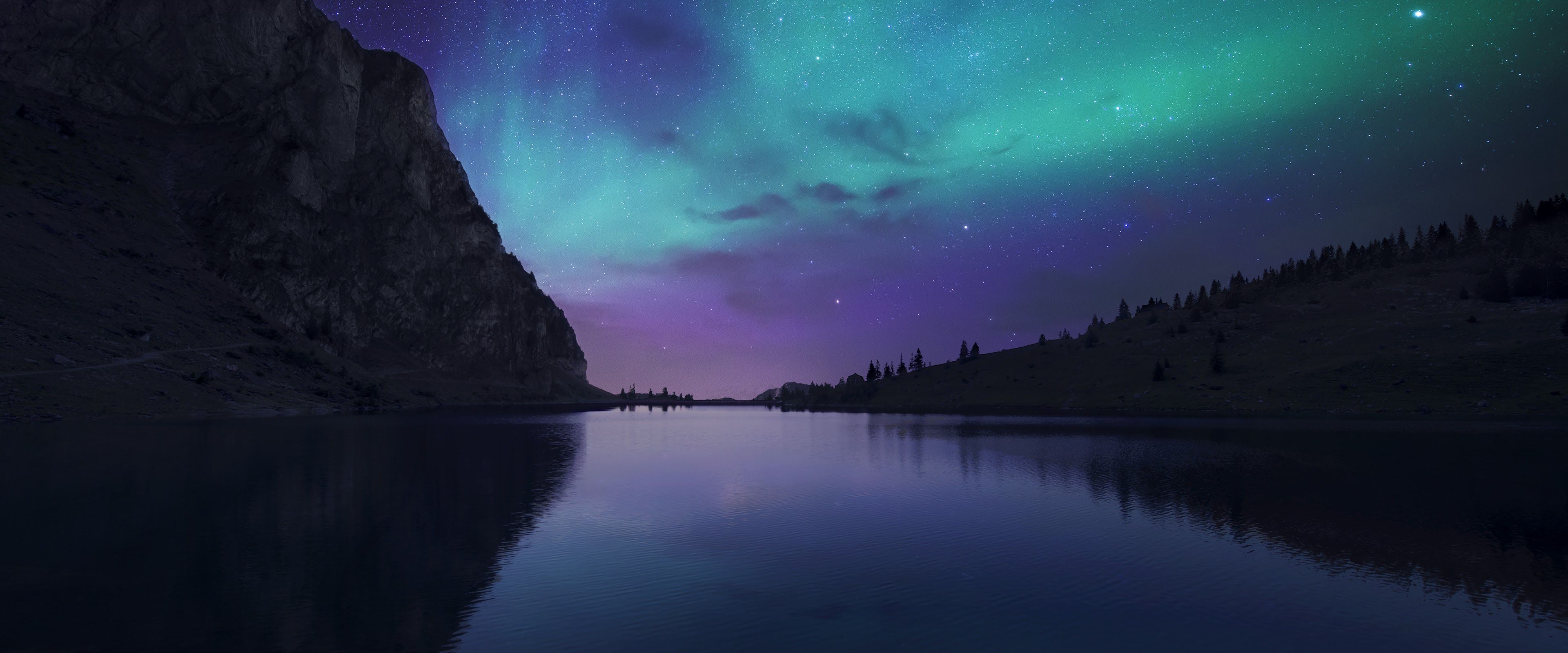 Aurora Borealis Night Sky Stars Lake Nature Scenery 4K Wallpaper