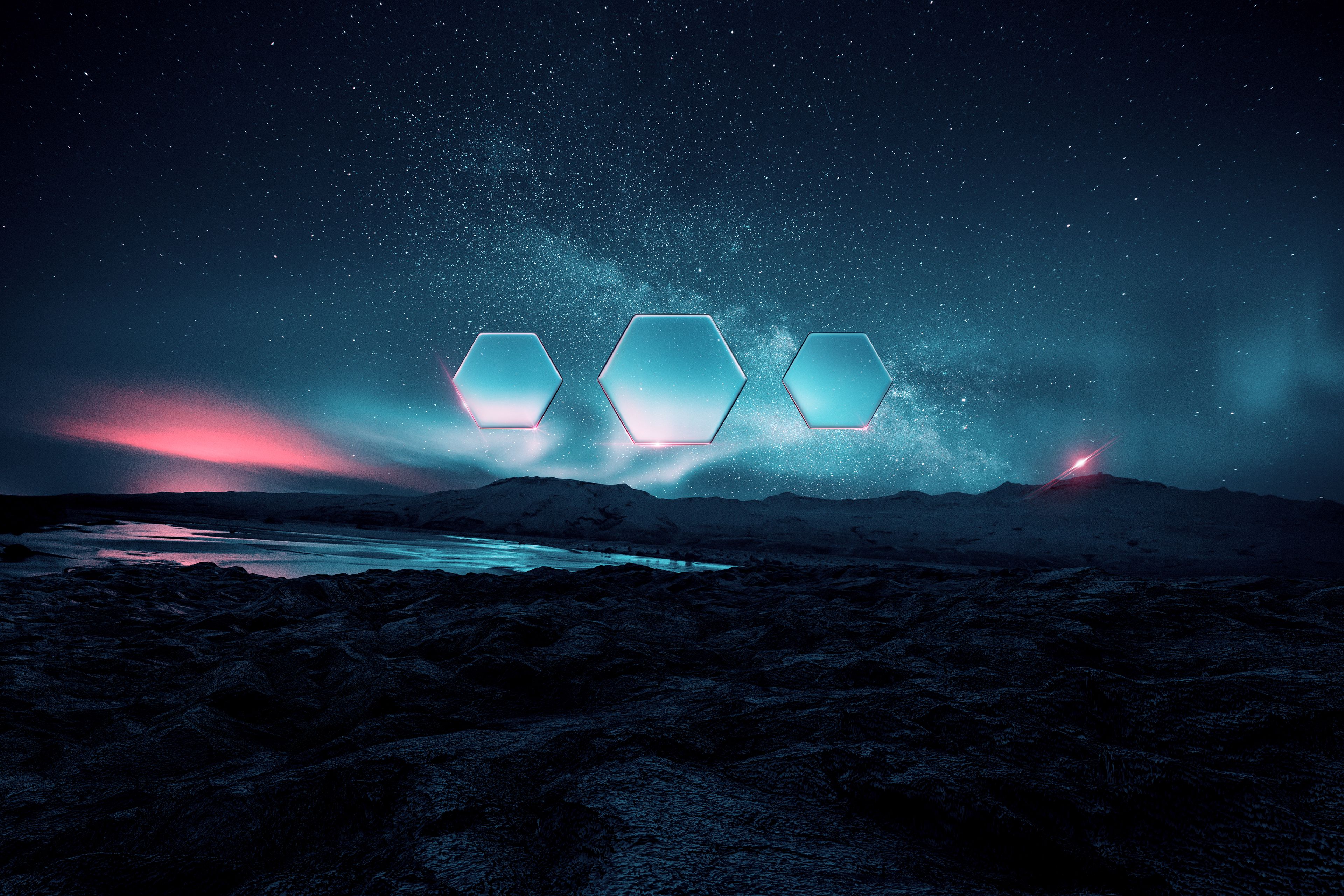 Night 4K Wallpaper, Landscape, Aurora Borealis, Hexagons, Starry sky, Fusion, Nature