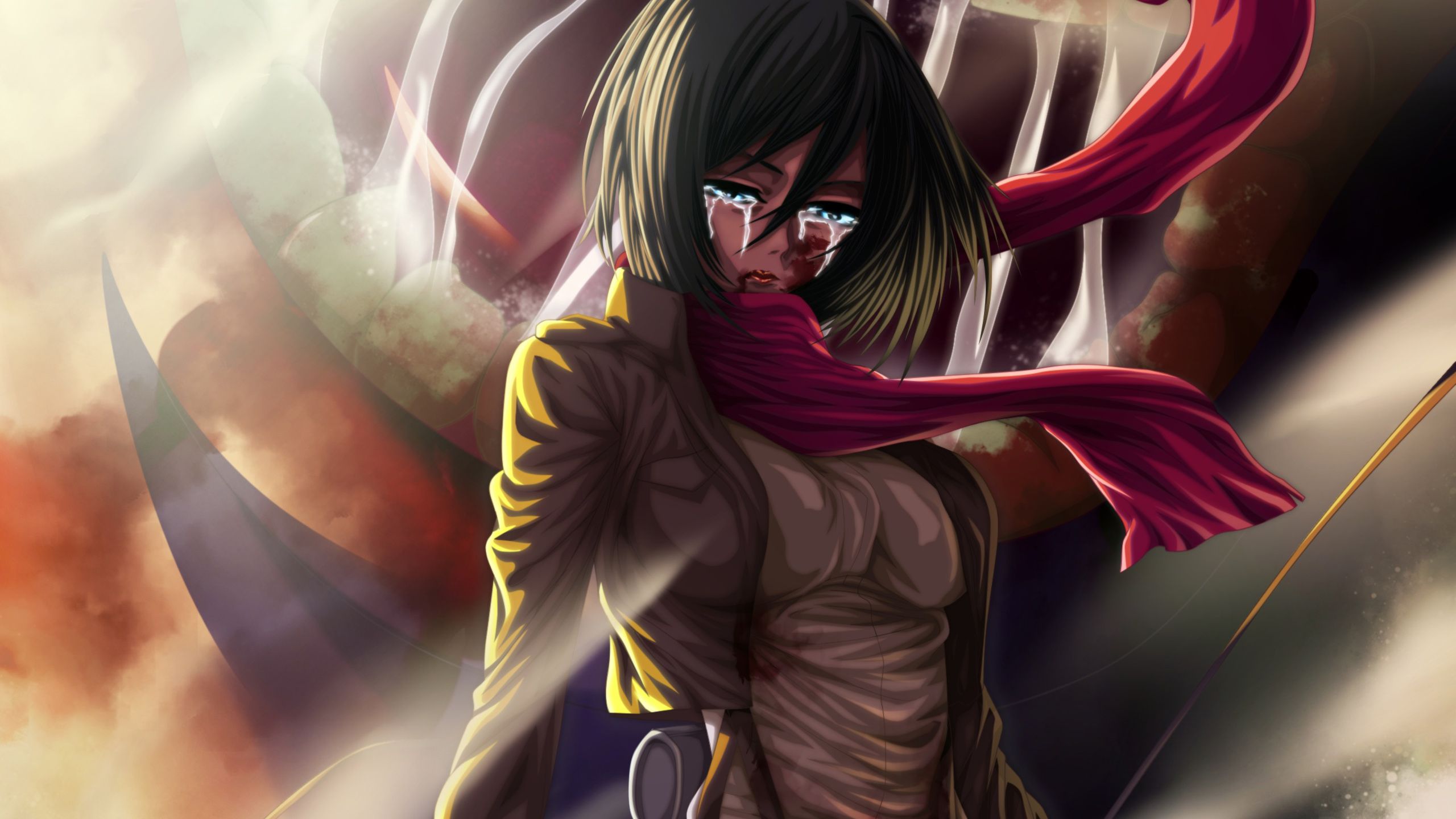 Attack On Titan Mikasa Ackerman Crying With Red Scarf HD Anime Wallpapers.