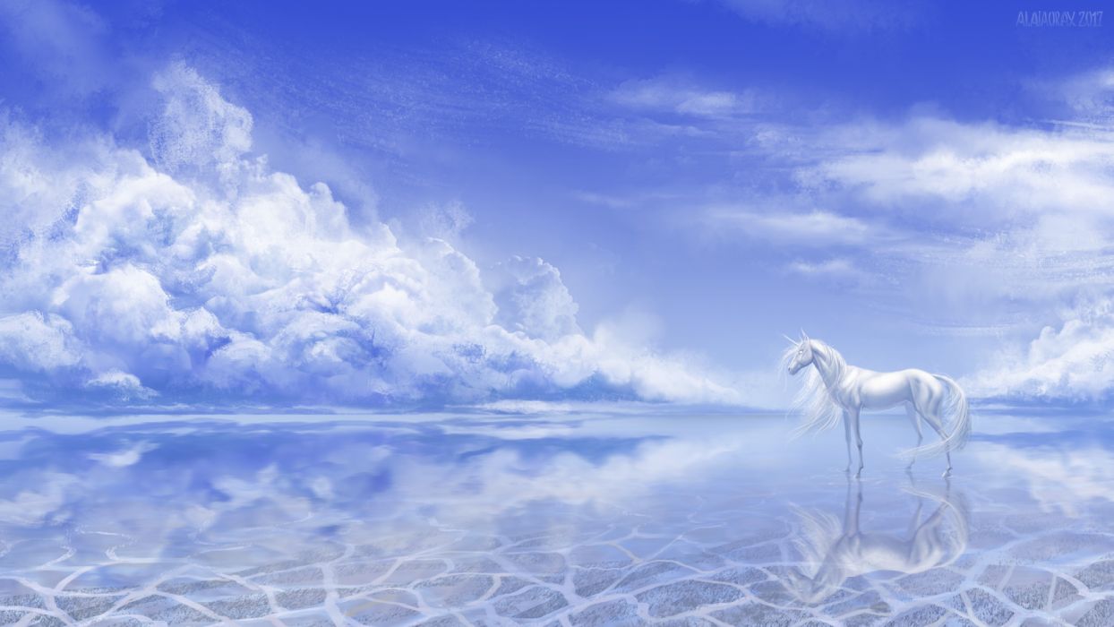 Water horses sky nature figures fantasy wallpaperx1688