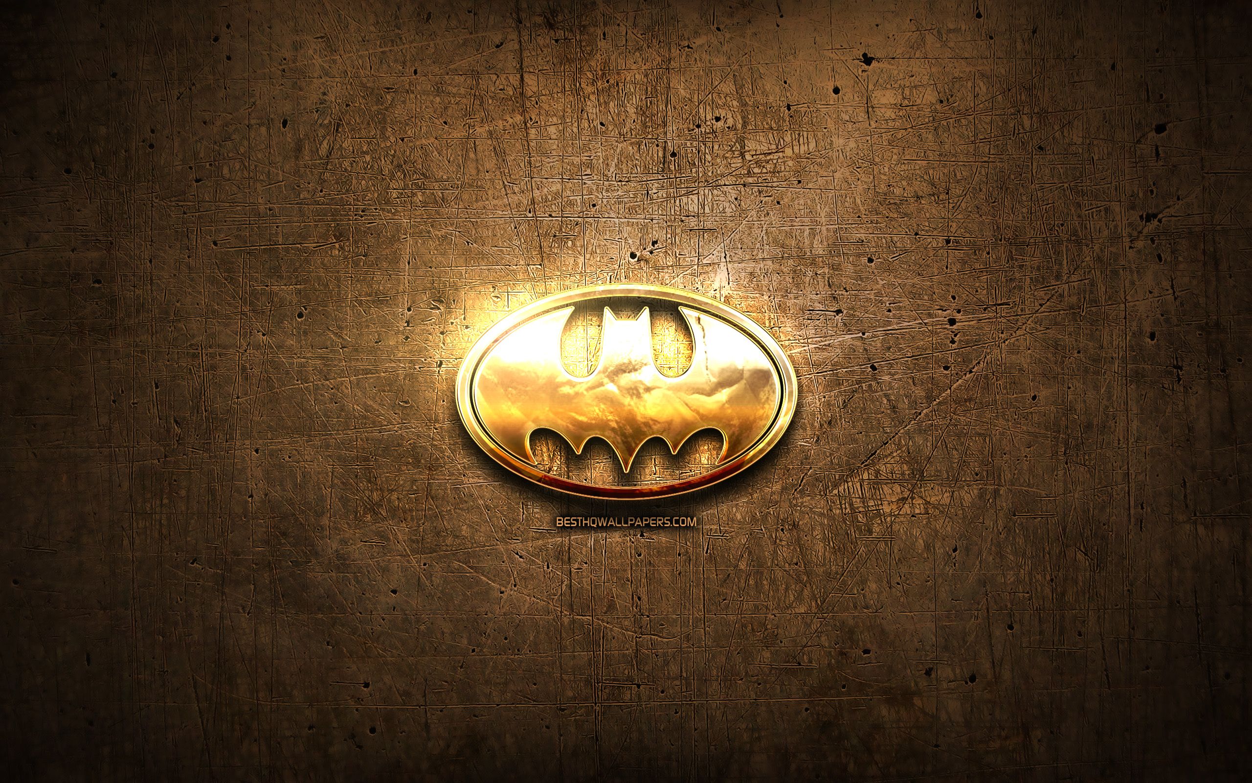 Download wallpaper Batman golden logo, artwork, brown metal background, creative, Batman logo, superheroes, Batman for desktop with resolution 2560x1600. High Quality HD picture wallpaper