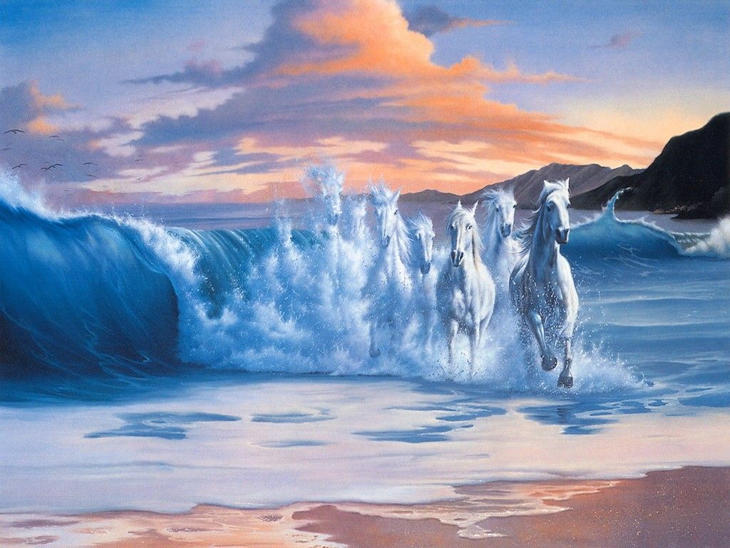 horses clouds war. Fantasy horses, Ocean painting, Art