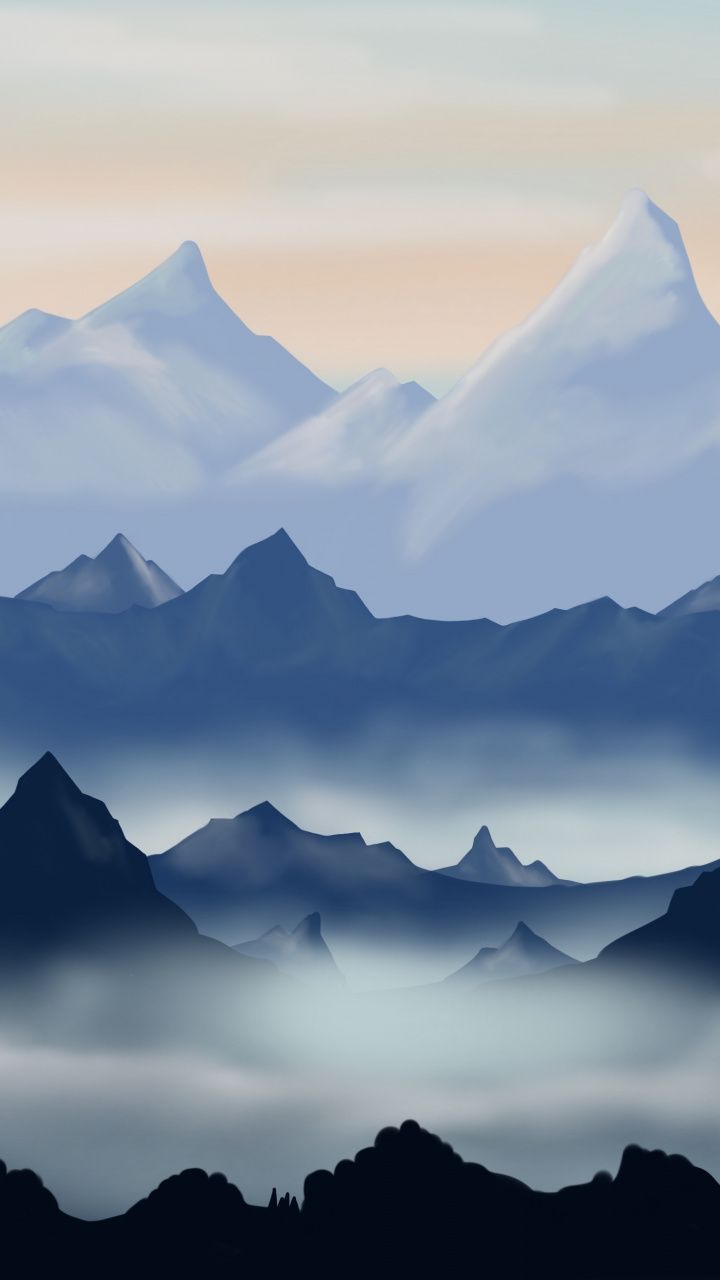 Mountains, digital art, dawn, sunrise, horizon, 720x1280 wallpaper. Digital art, Art, Wallpaper