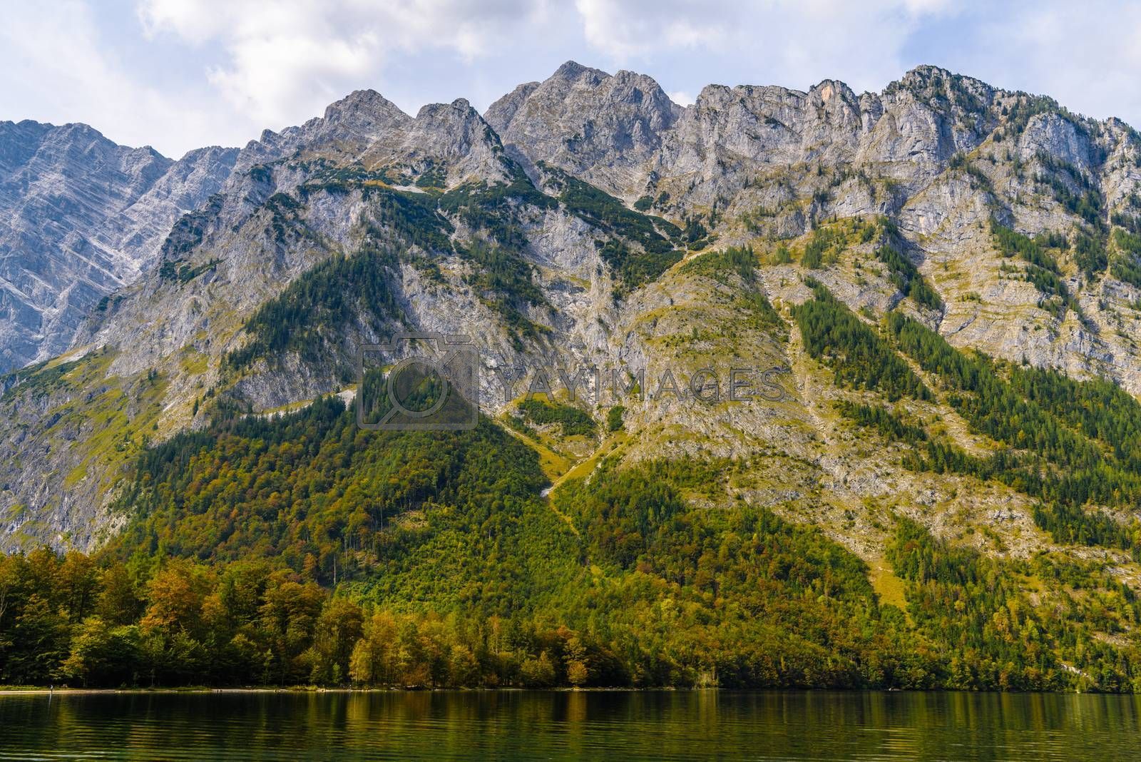 Koenigssee lake with Alp mountains, Konigsee, Berchtesgaden National Park, Bavaria, Germany Royalty Free Stock Image. , Royalty Free Image, Vectors, Footage