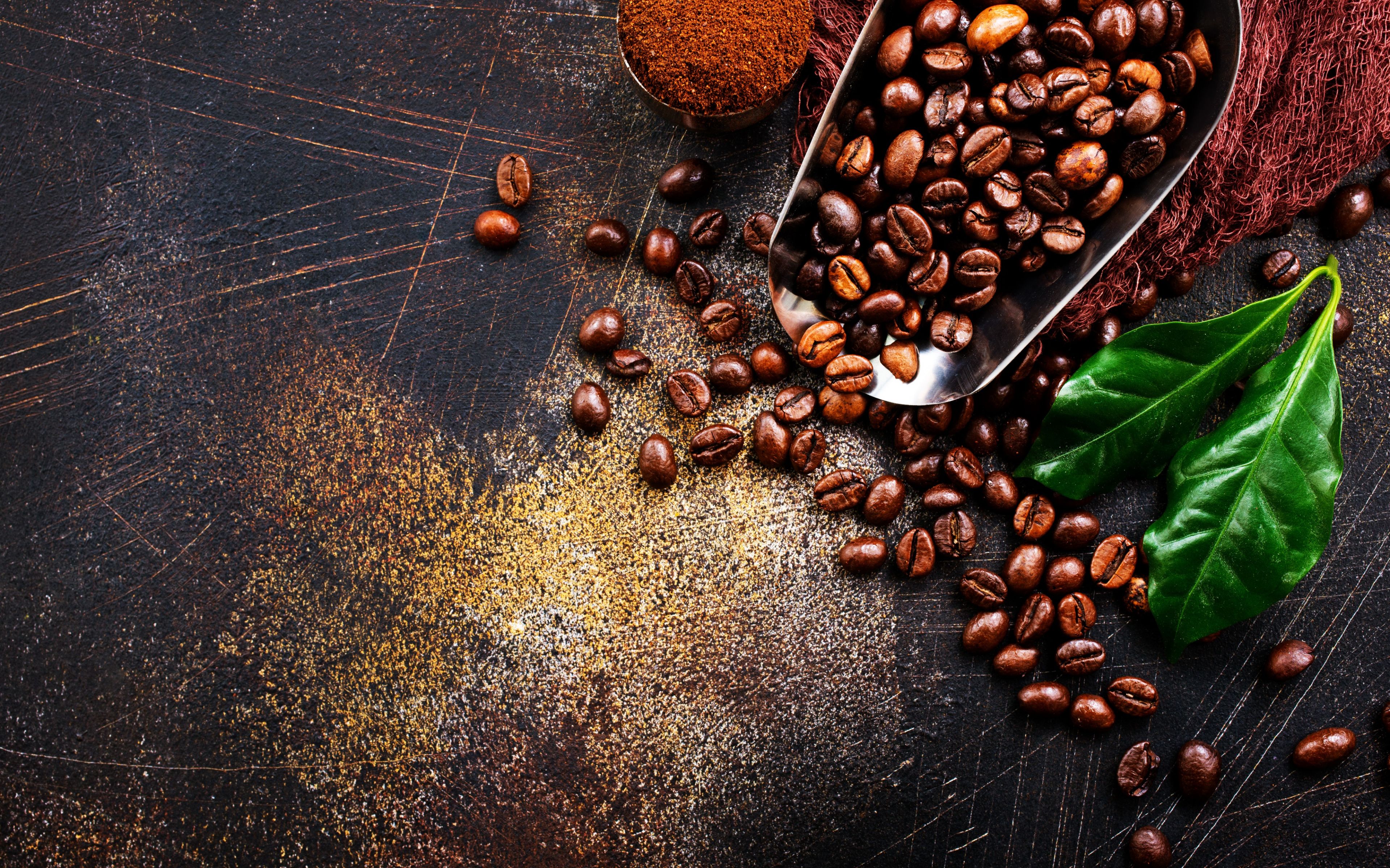 Download Still life, coffee beans, powder, leaf wallpaper, 3840x2400, 4K Ultra HD 16:10, Widescreen