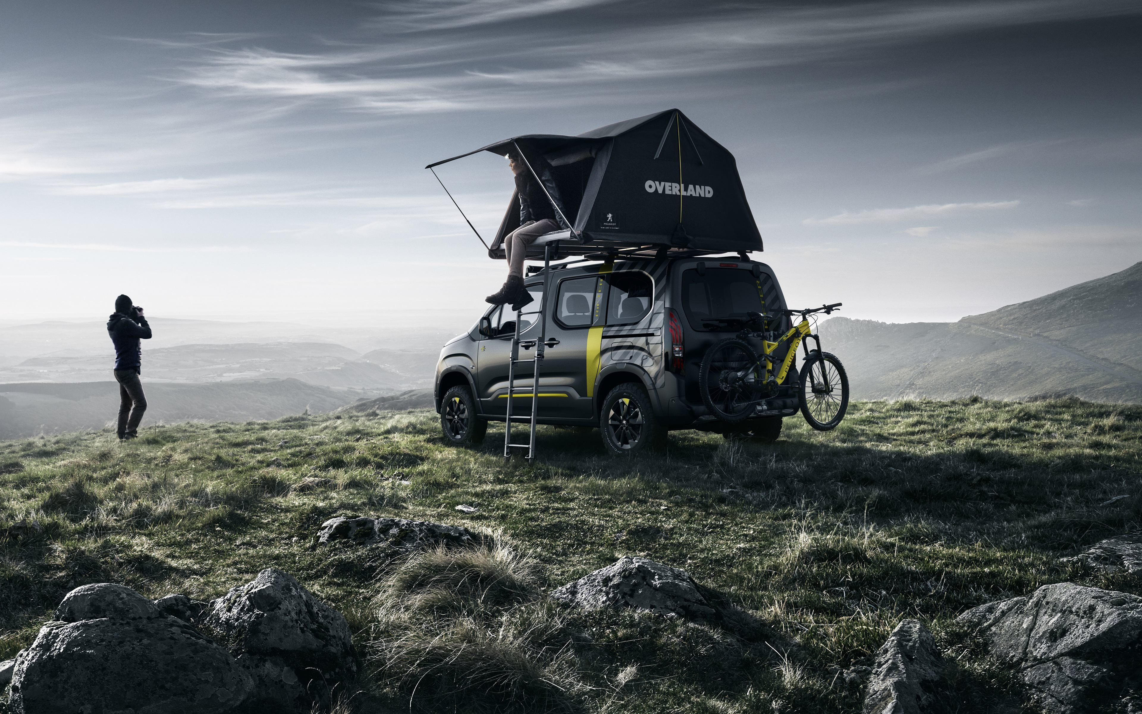 Download wallpaper Peugeot Rifter, travel by car, tent on the roof, tuning, mountains, new black Rifter, Peugeot for desktop with resolution 3840x2400. High Quality HD picture wallpaper
