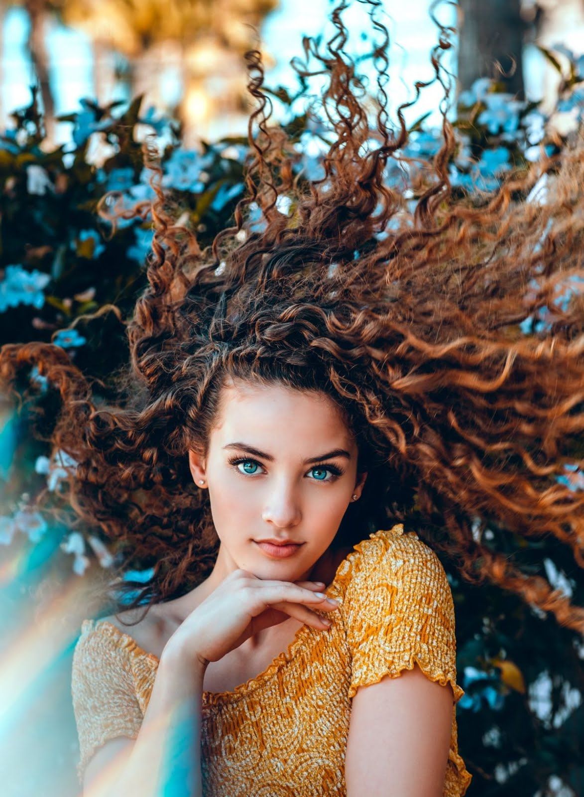 Wallpaper, women, model, redhead, long hair, Sofie Dossi, curly hair, face, portrait display, blue eyes, yellow tops, depth of field, hands 1173x1600