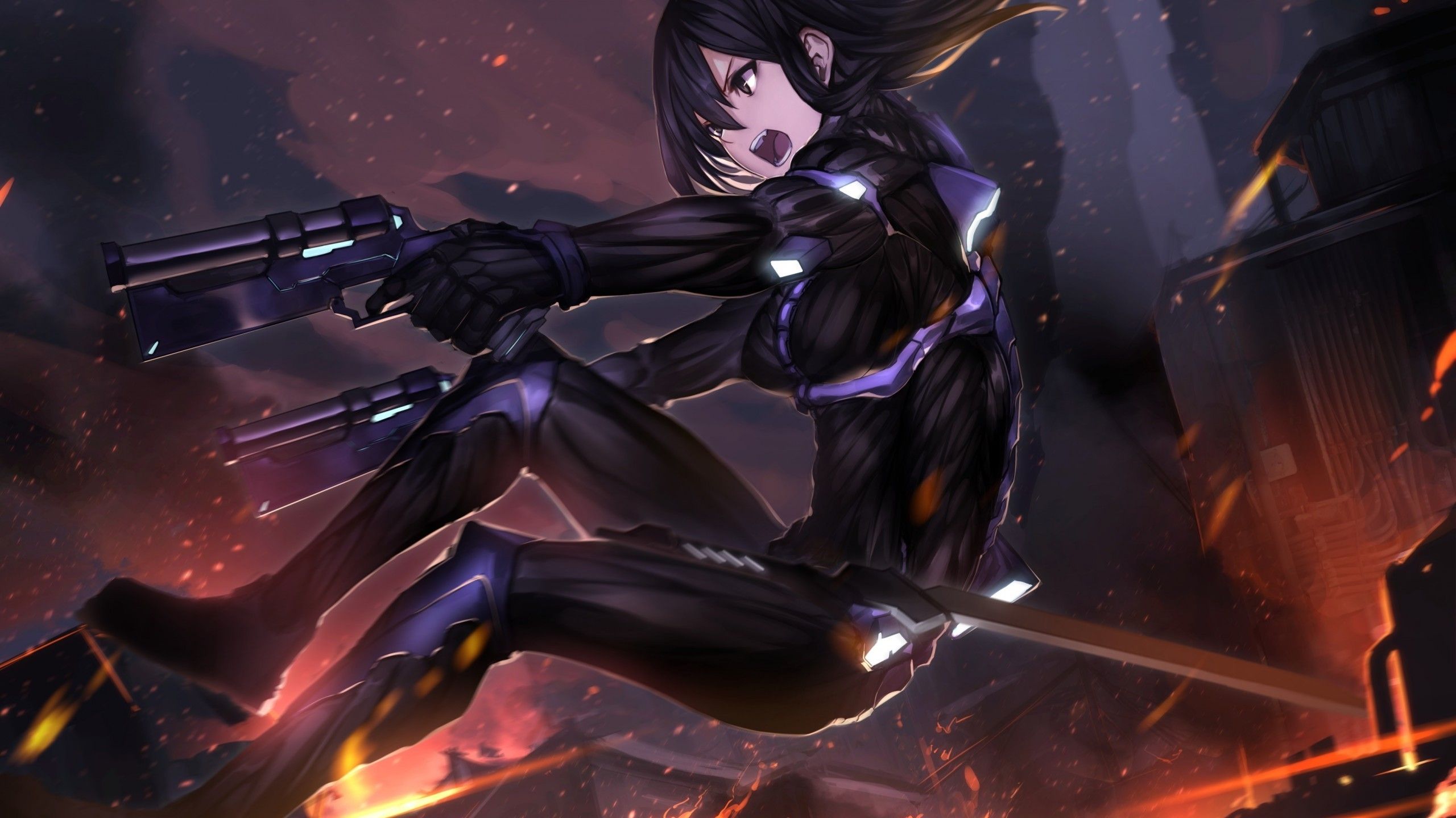 Download 2560x1440 Anime Girl, Jumping, Bodysuit, Flames, Fire, Weapon Wallpaper for iMac 27 inch