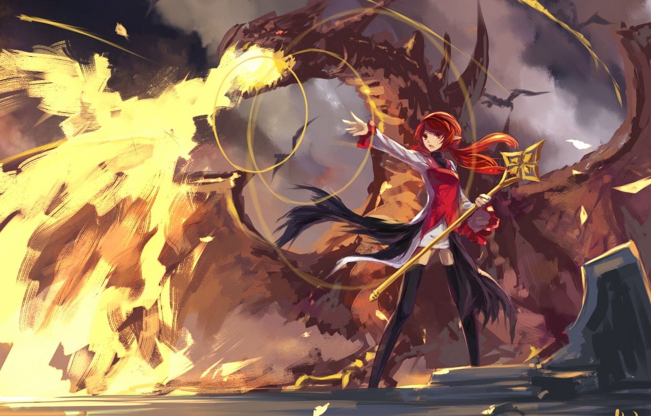 Wallpaper girl, fire, magic, dragon, anime, art, staff, swd3e dungeon and fighter image for desktop, section прочее