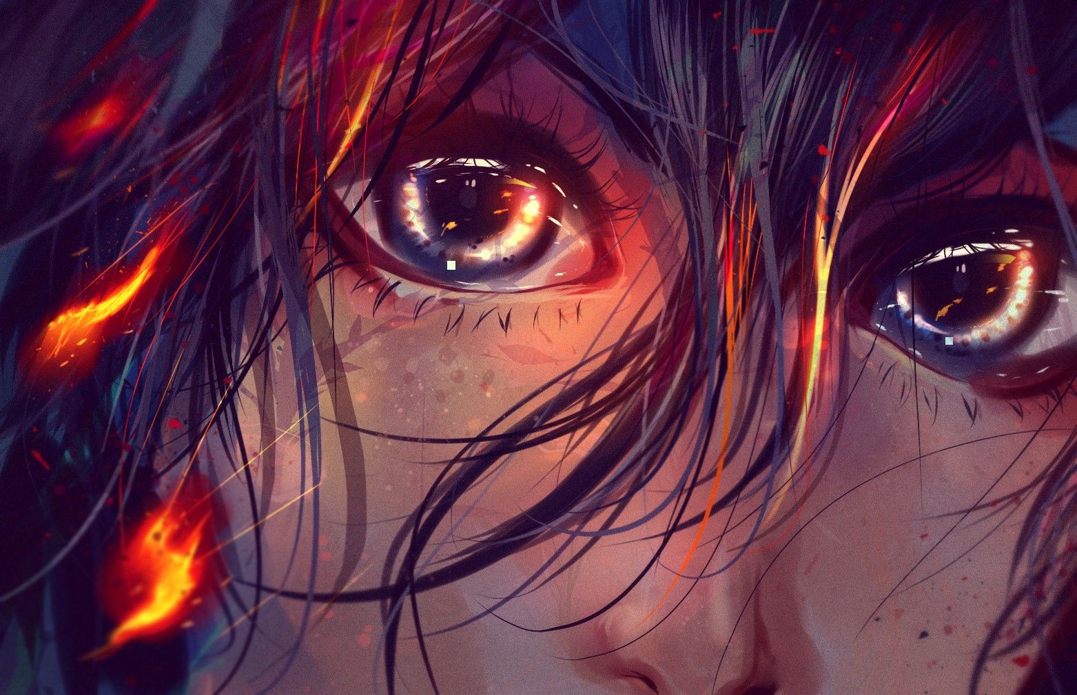 Wallpaper, drawing, illustration, portrait, anime, fire, Hit Girl, color, darkness, screenshot, computer wallpaper, fictional character, organ, special effects 1563x1010