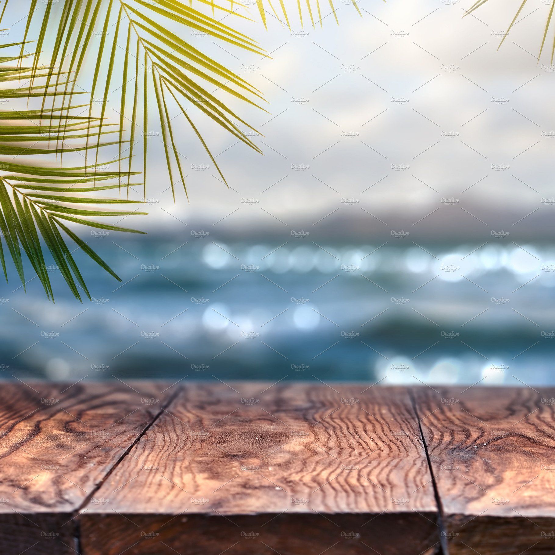 old wood table top on blurred beach background with coconut leaf. Beach background, Beach background image, Background