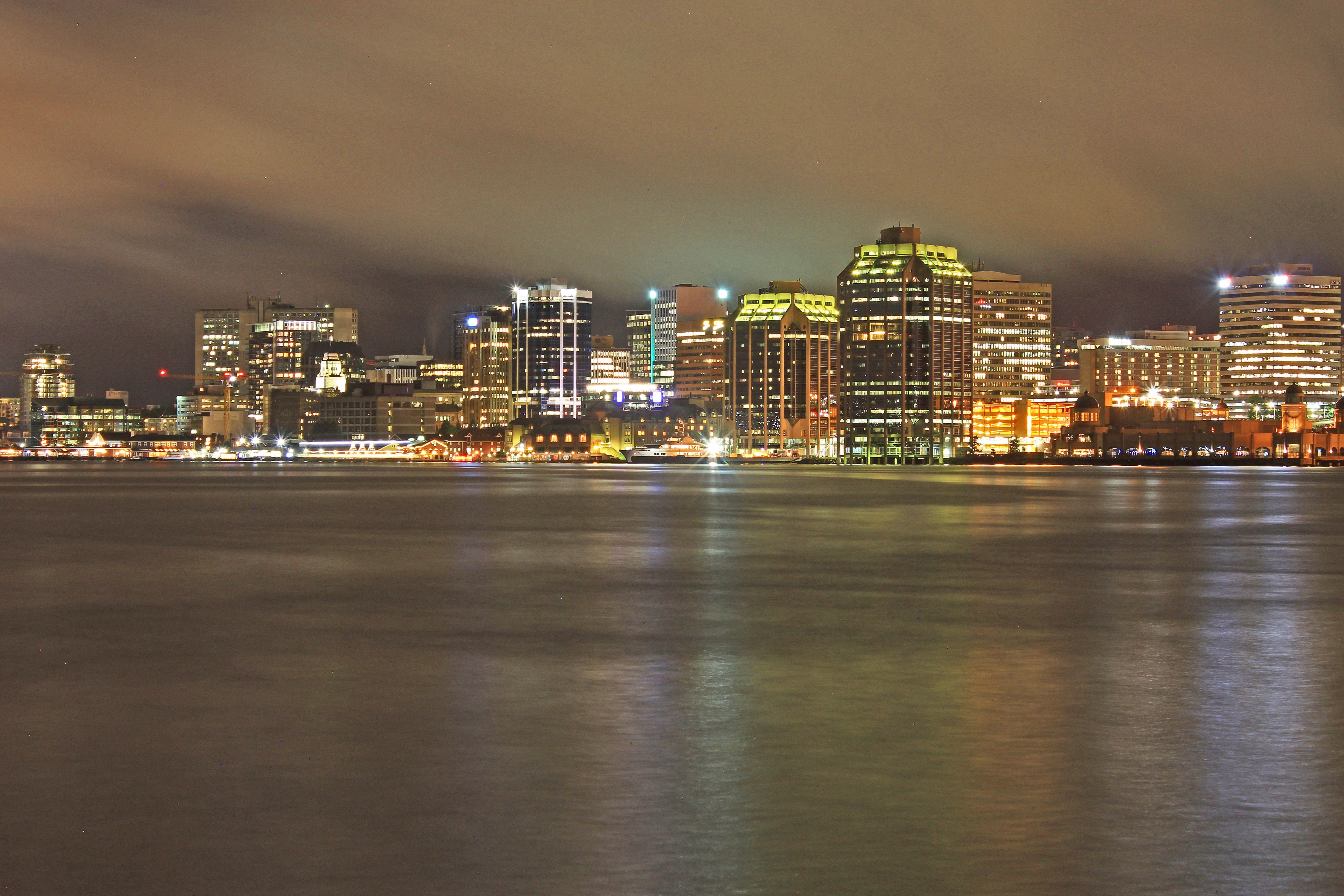Halifax, Nova Scotia: Waterfront Skyline At Night (Long Exposure). Halifax, Skyline, Night skyline