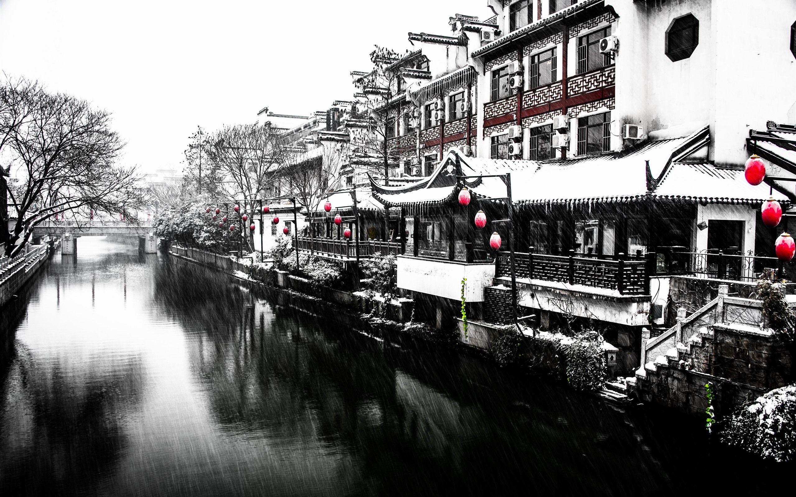 Wallpaper Nanjing, snowing, winter, river, house, retro style 5120x2880 UHD 5K Picture, Image