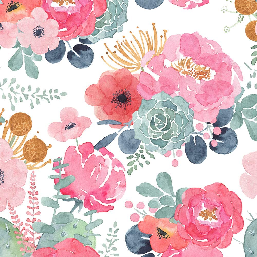 HaokHome 93005 2 Floral Wallpaper Peel And Stick Watercolor Cactus White Pink Green Navy Blue Vinyl Self Adhesive Prepasted Decorative 17.7in X 9.8ft