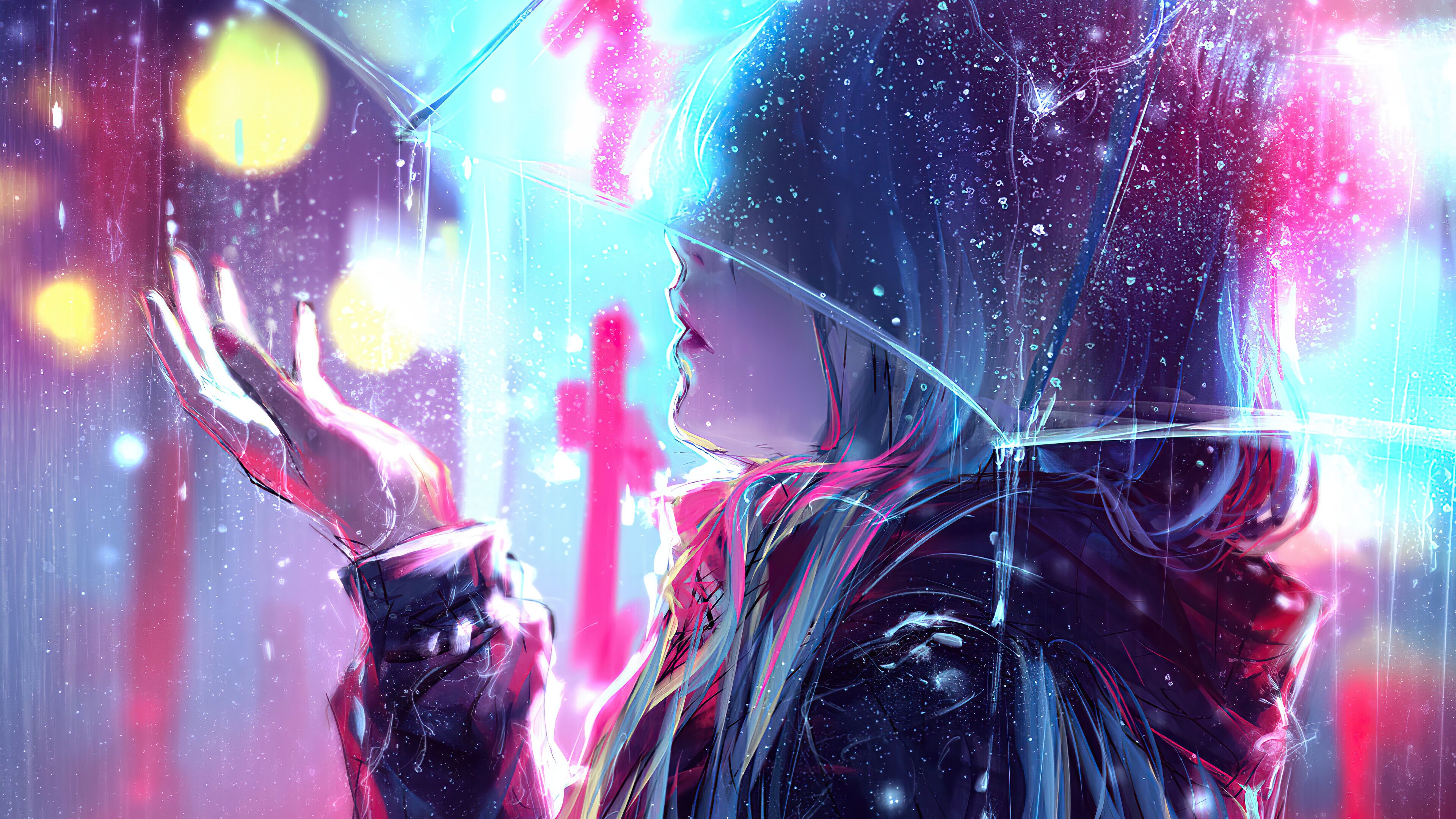 Anime, Girl, Night, Raining, Umbrella, 4K wallpaper HD Wallpaper