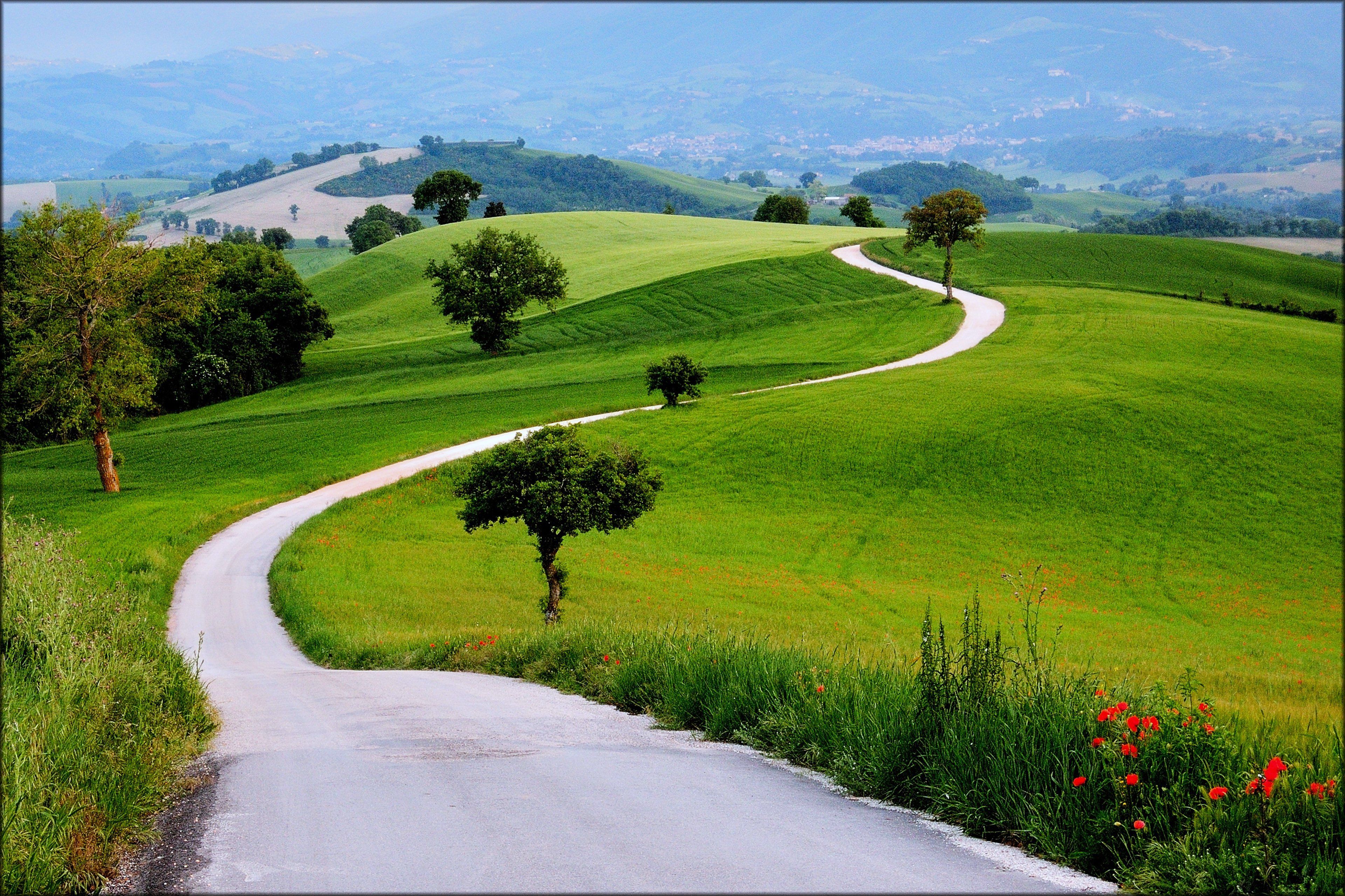 3840x2560 earth, grass, green, hills, landscapes, mountains, nature, path, road, spring, trees, way