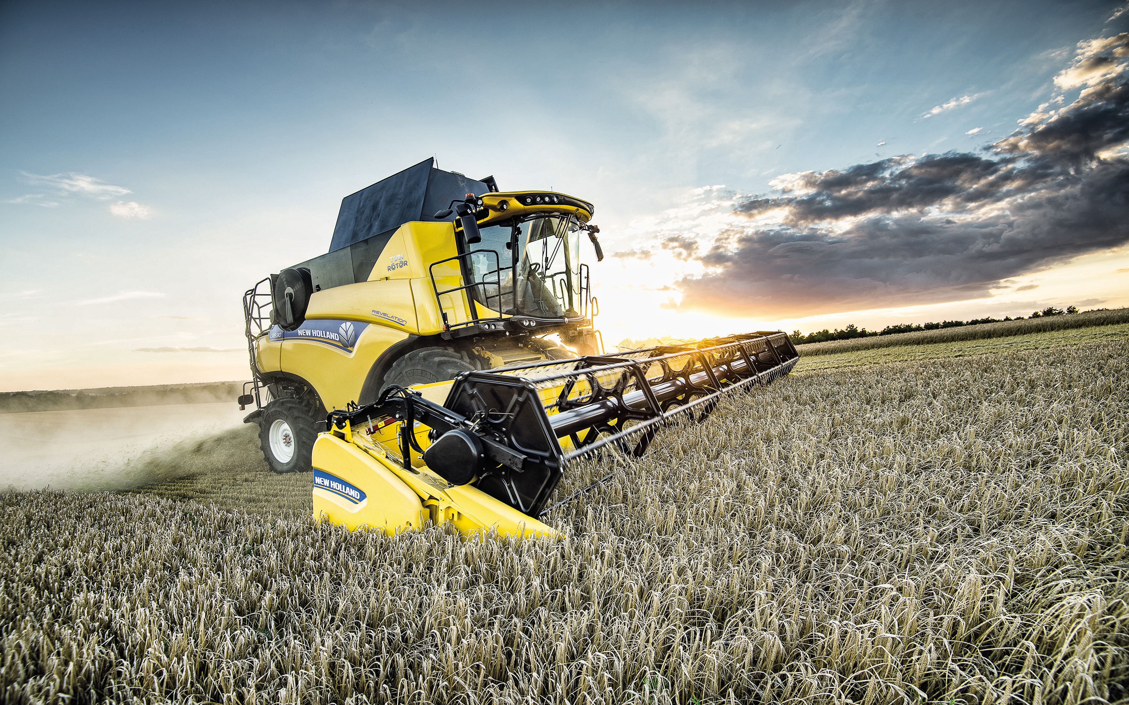 Download wallpaper New Holland CR8 80 Relevation, 4k, wheat harvest, 2019 combines, agricultural machinery, HDR, grain harvesting, combine harvester, Combine in the field, agriculture, New Holland Agriculture, yellow combine for desktop with