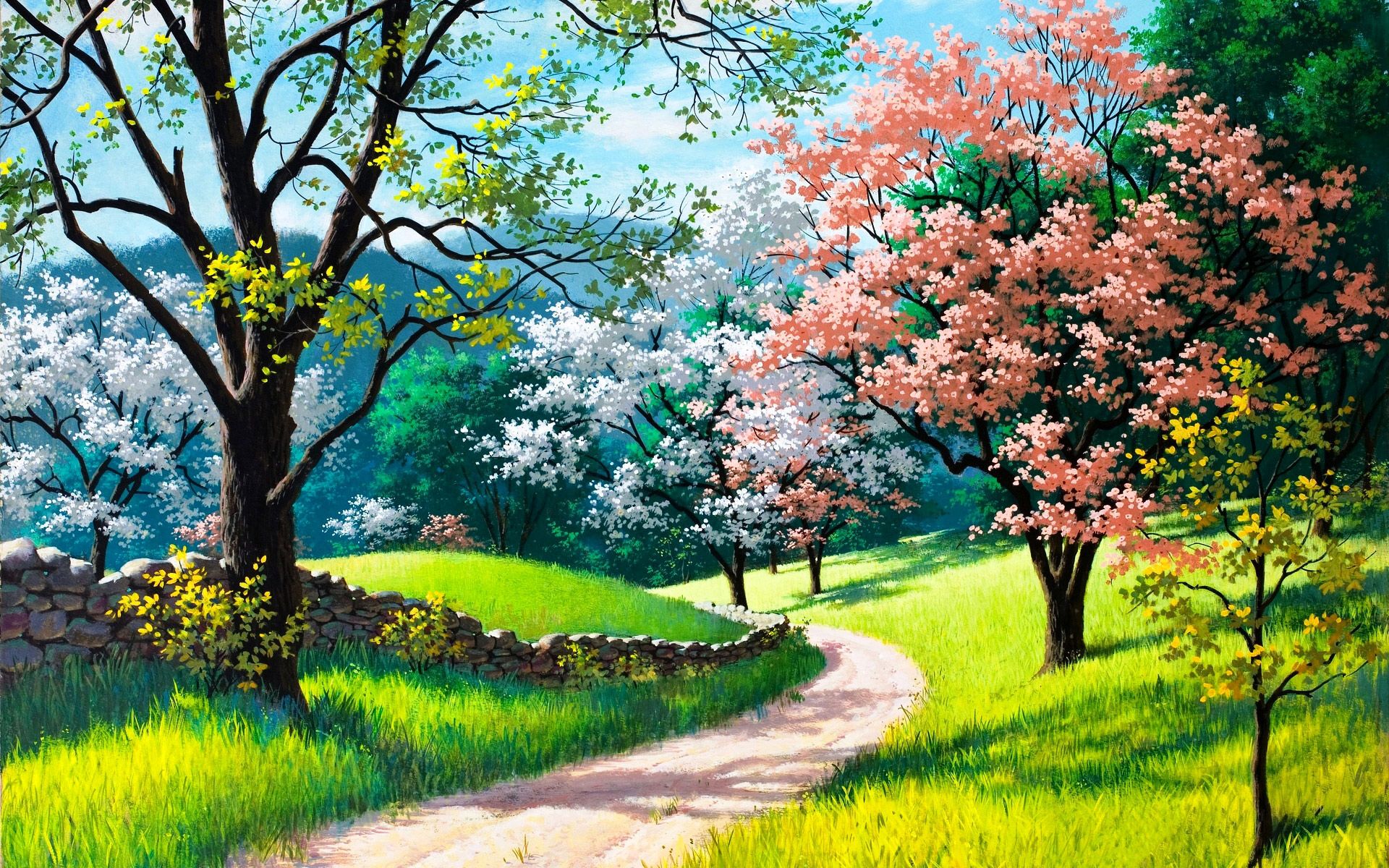 Desktop Wallpaper Spring Nature Painting Trees Grass Road, HD Image, Picture, Background, 4ispou