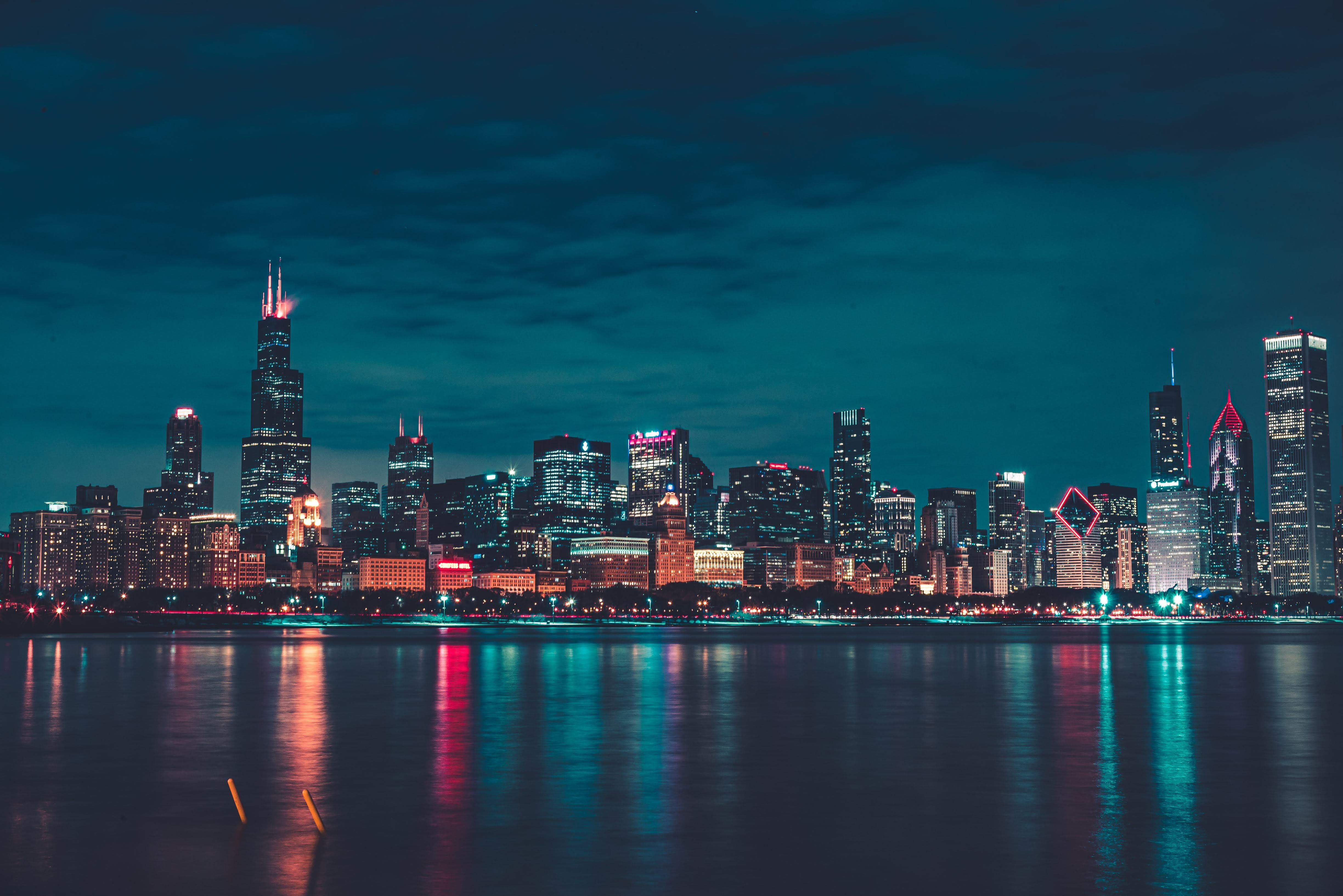 Chicago 4K Wallpaper, Night, City lights, Cityscape, Reflections, Skyline, 5K, World