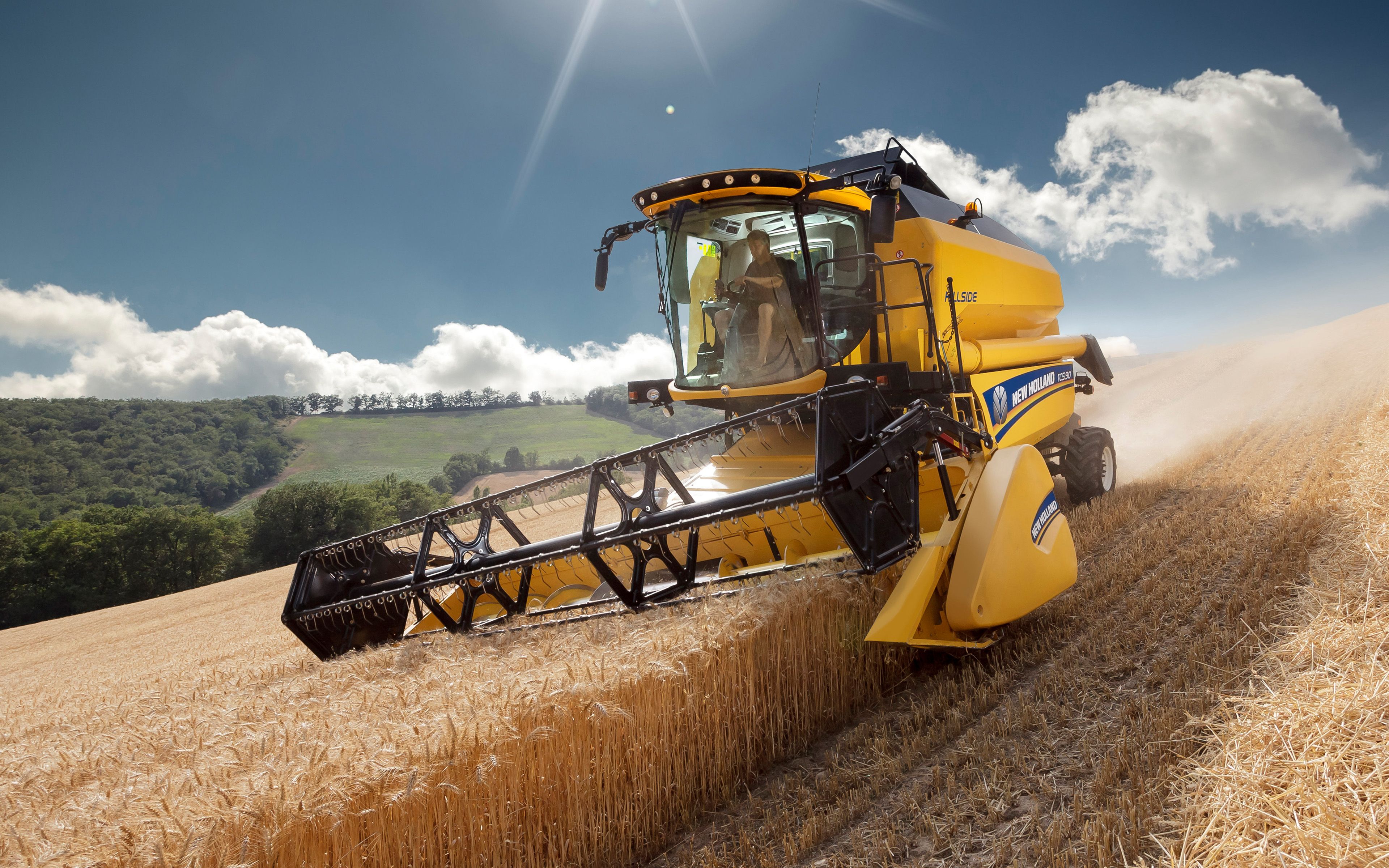 Download wallpaper 4k, New Holland TC5 90 Hillside, combine harvester, 2020 combines, wheat harvest, harvesting concepts, New Holland for desktop with resolution 3840x2400. High Quality HD picture wallpaper