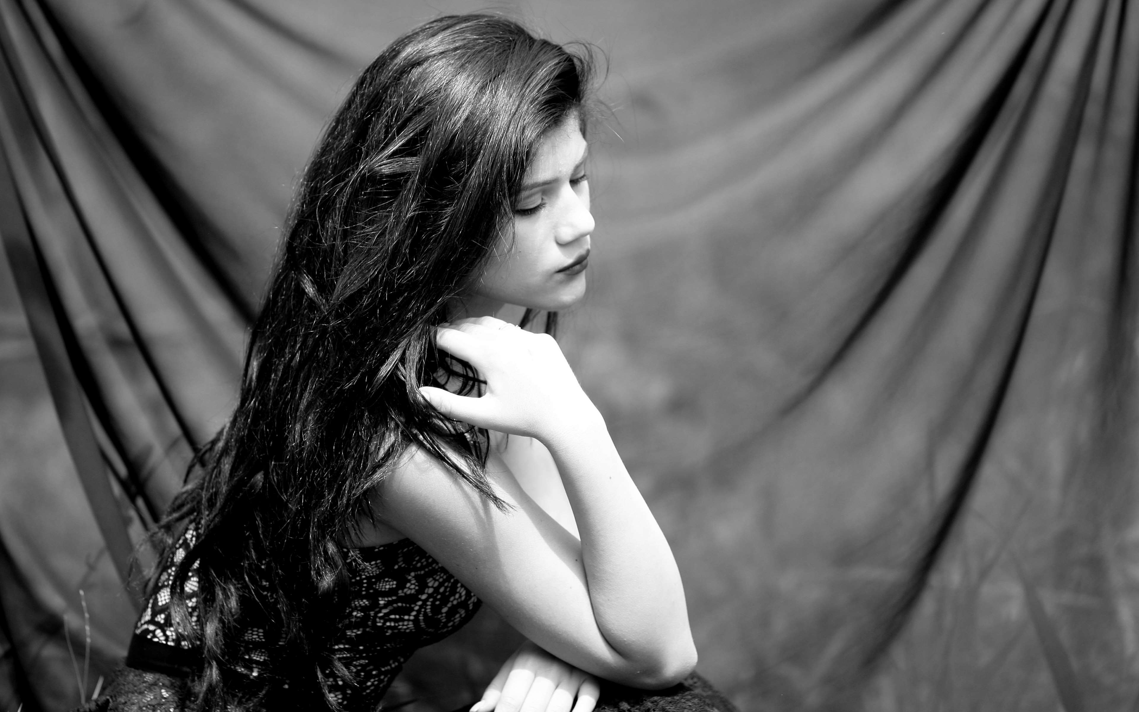 beautiful, black and white, girl, hair, model, woman 4k wallpaper