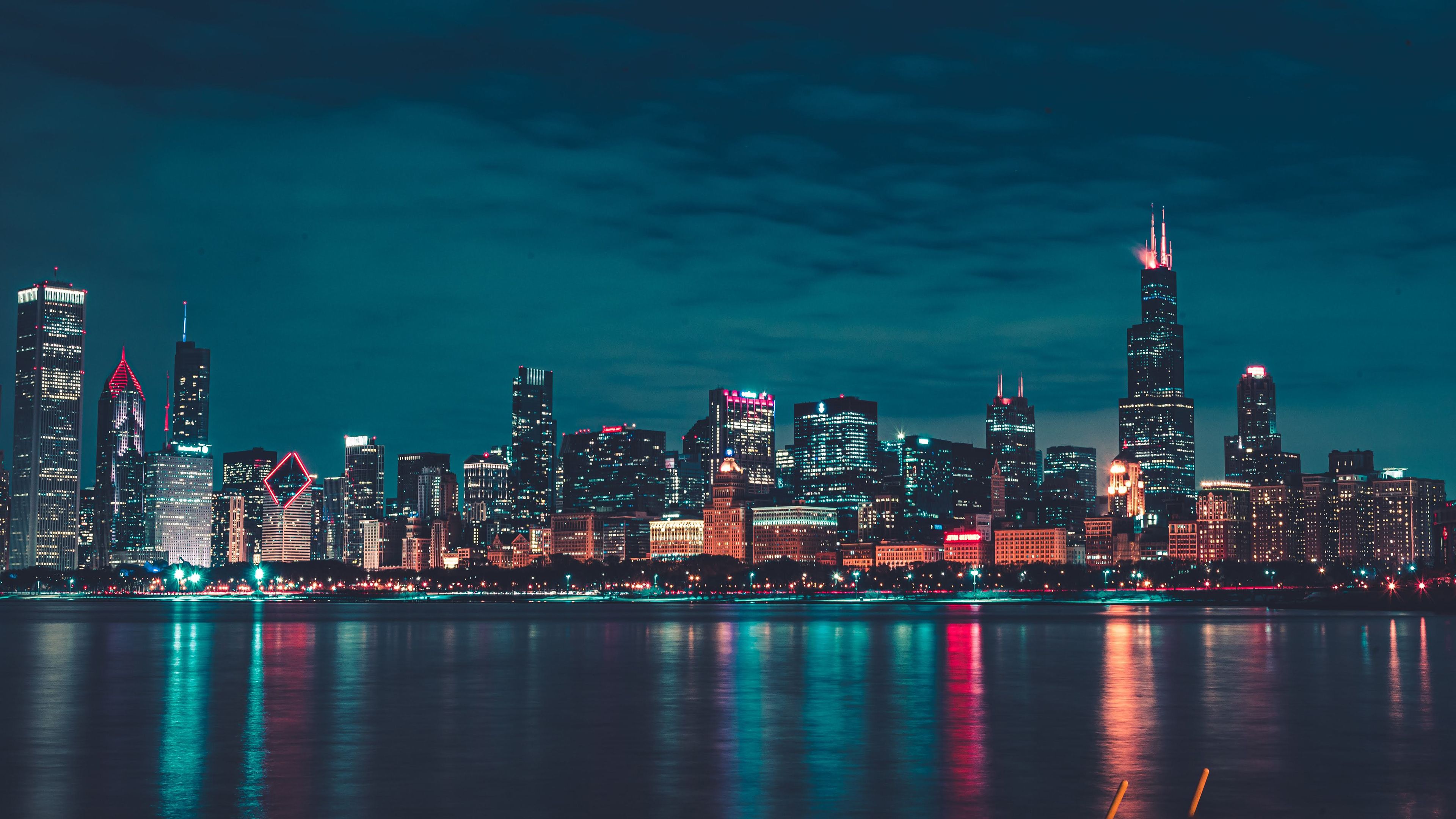 Chicago, Night, City lights, Cityscape, Reflections, Skyline, 4k Free deskk wallpaper, Ultra HD