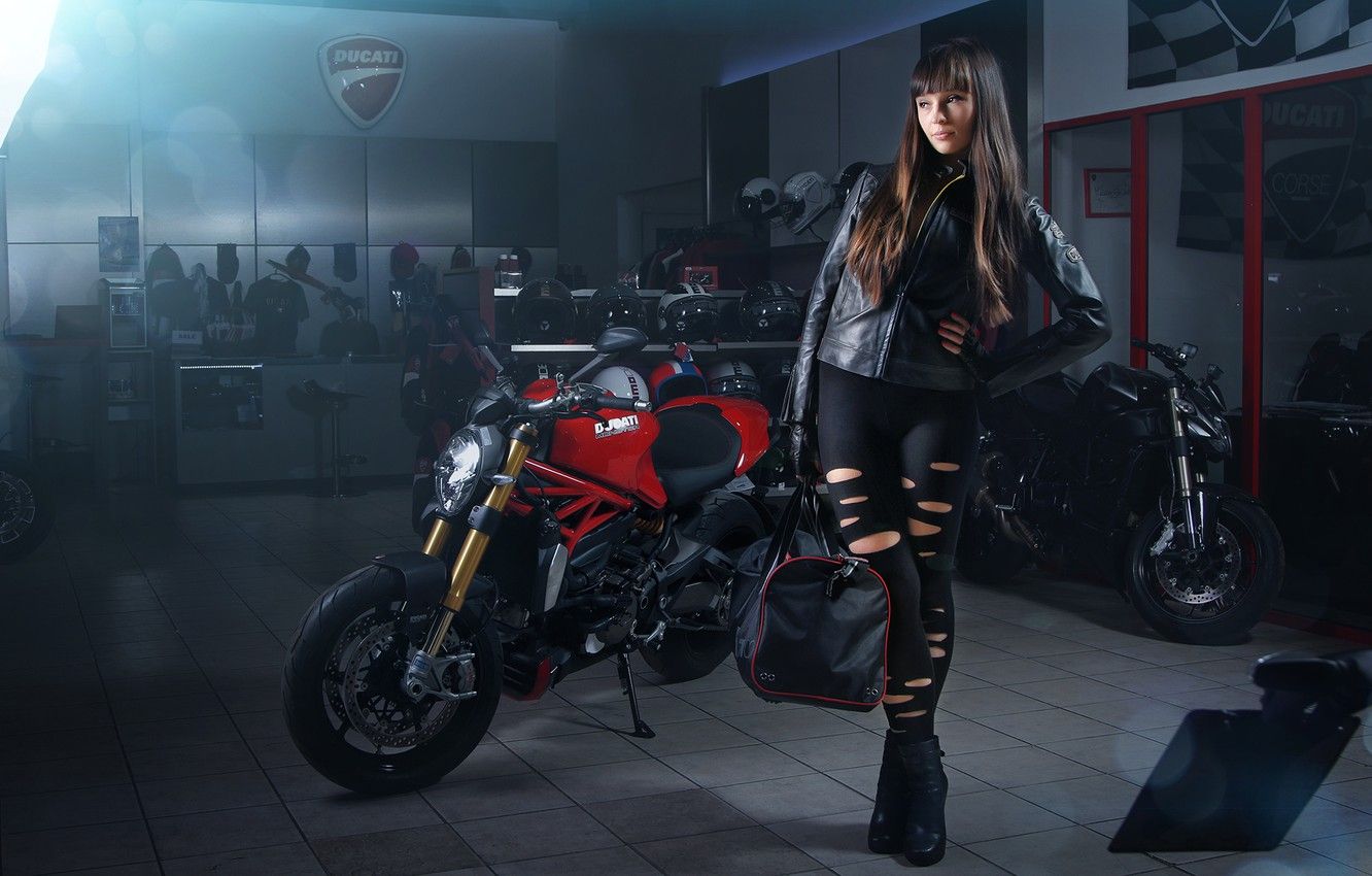 Wallpaper Girl, Light, Ducati, Monster, Studio, Motorcycle, Bags, 1200s, Leather Jackets image for desktop, section девушки