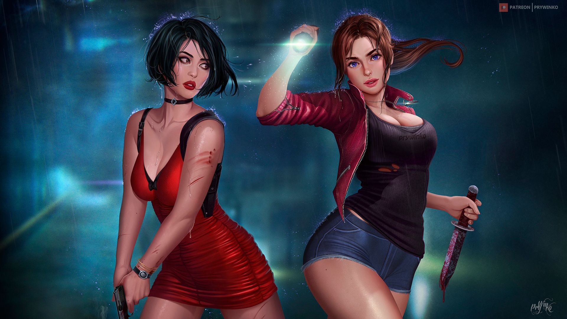 Wallpaper, ada wong, Claire Redfield, Resident Evil, Resident Evil 2, Video Game Heroes, video game characters, women, black hair, short hair, brown eyes, red lipstick, brunette, ponytail, blue eyes, necklace, cleavage