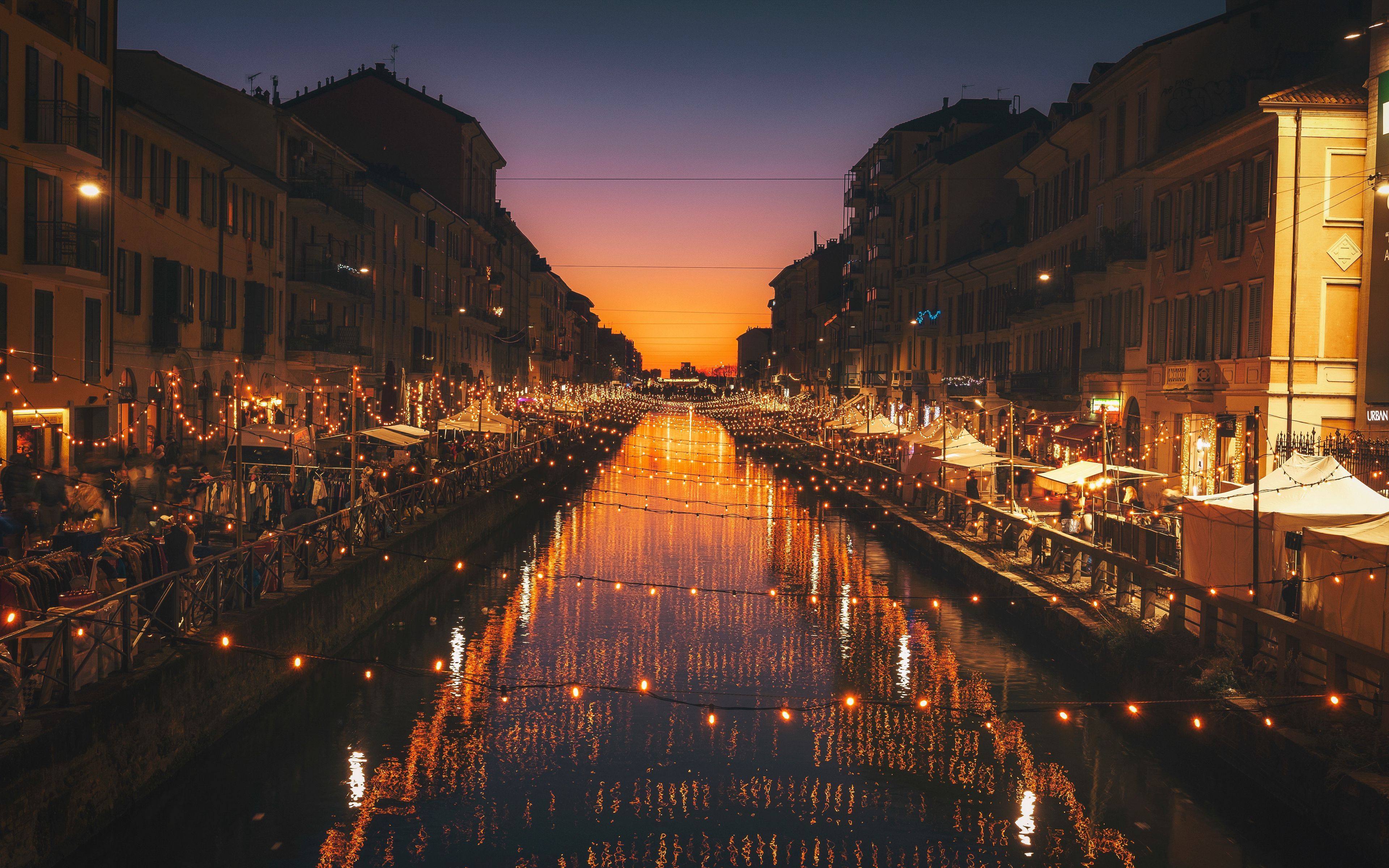 Download wallpaper 3840x2400 milan, italy, river, evening, city 4k ultra HD 16:10 HD background