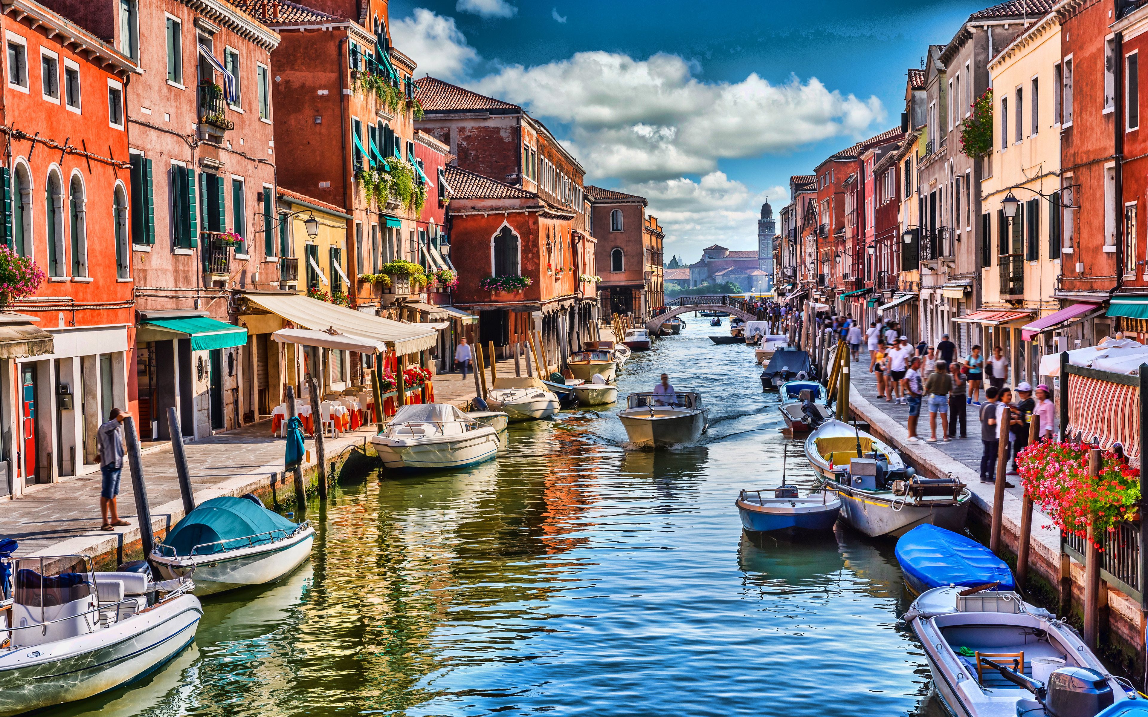 Download wallpaper Venice, 4k, italian cities, venetian canals, boats, summer, Italy, Europe, italian landmarks for desktop with resolution 3840x2400. High Quality HD picture wallpaper