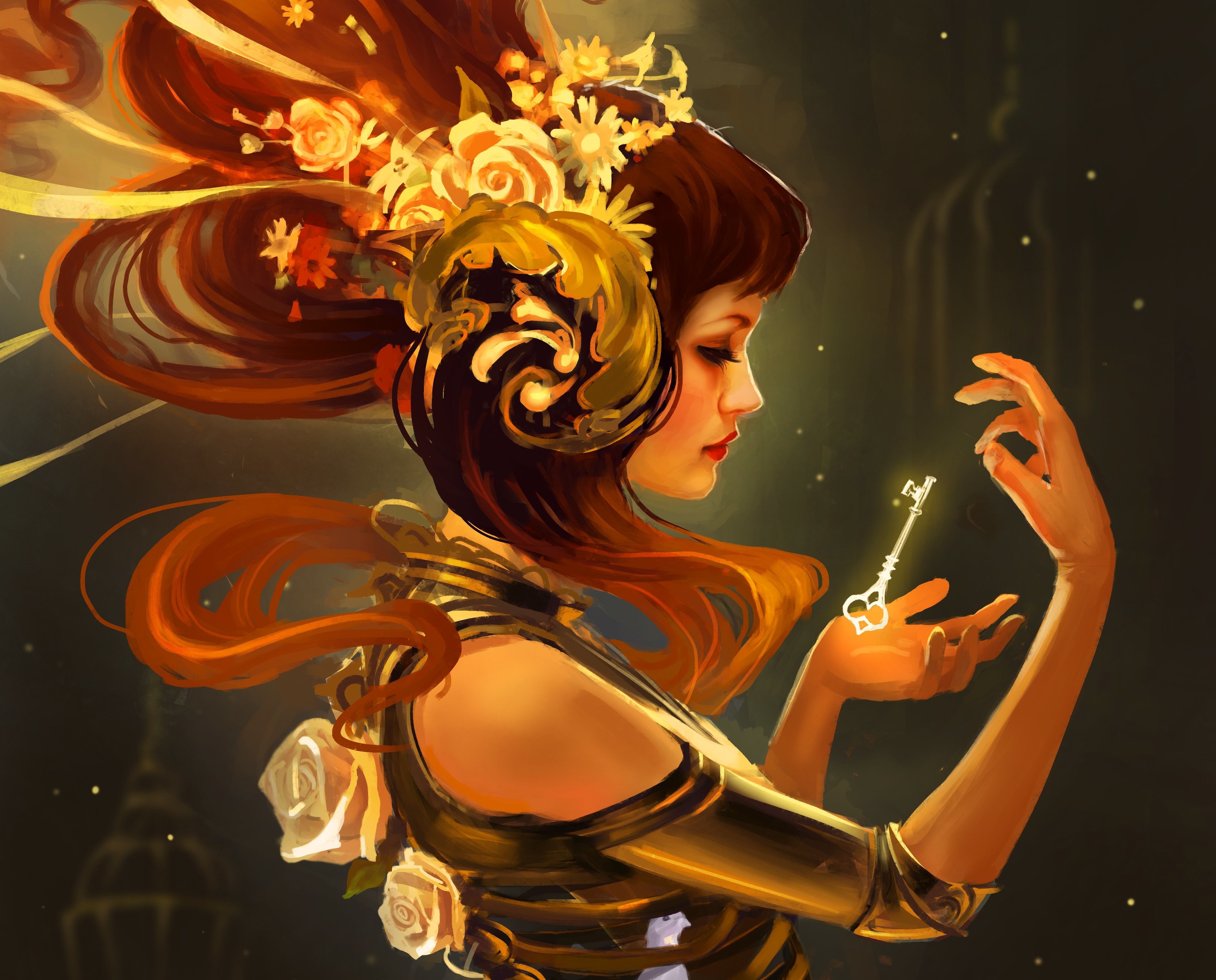 Wallpaper, 4787x3858 px, fantasy art, gold, headdress, keys, women 4787x3858