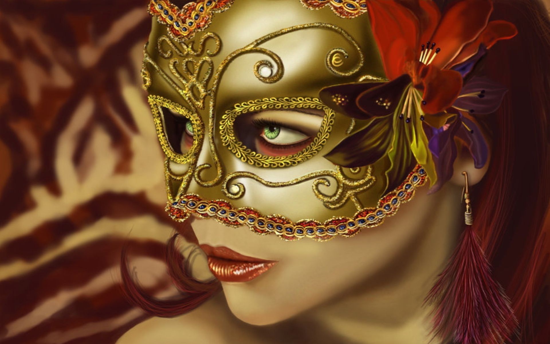 women, green eyes, fantasy art, masks, artwork, faces, fans, photohop edit, Venetian masks wallpaper