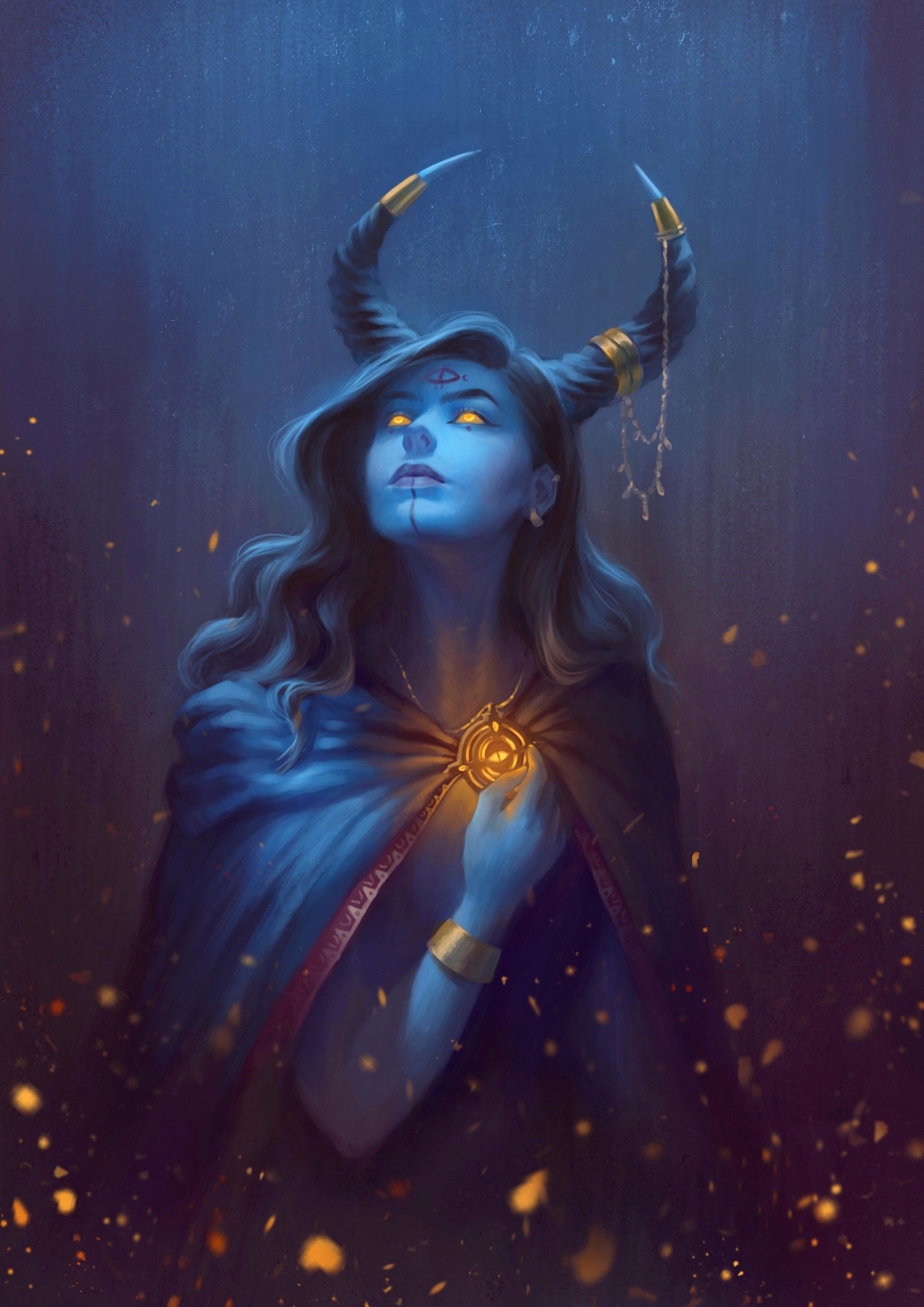 Wallpaper, blue skin, women, tattoo, hood, brunette, horns, sparks, gold, night, long hair, fantasy girl, fantasy art 1920x2715