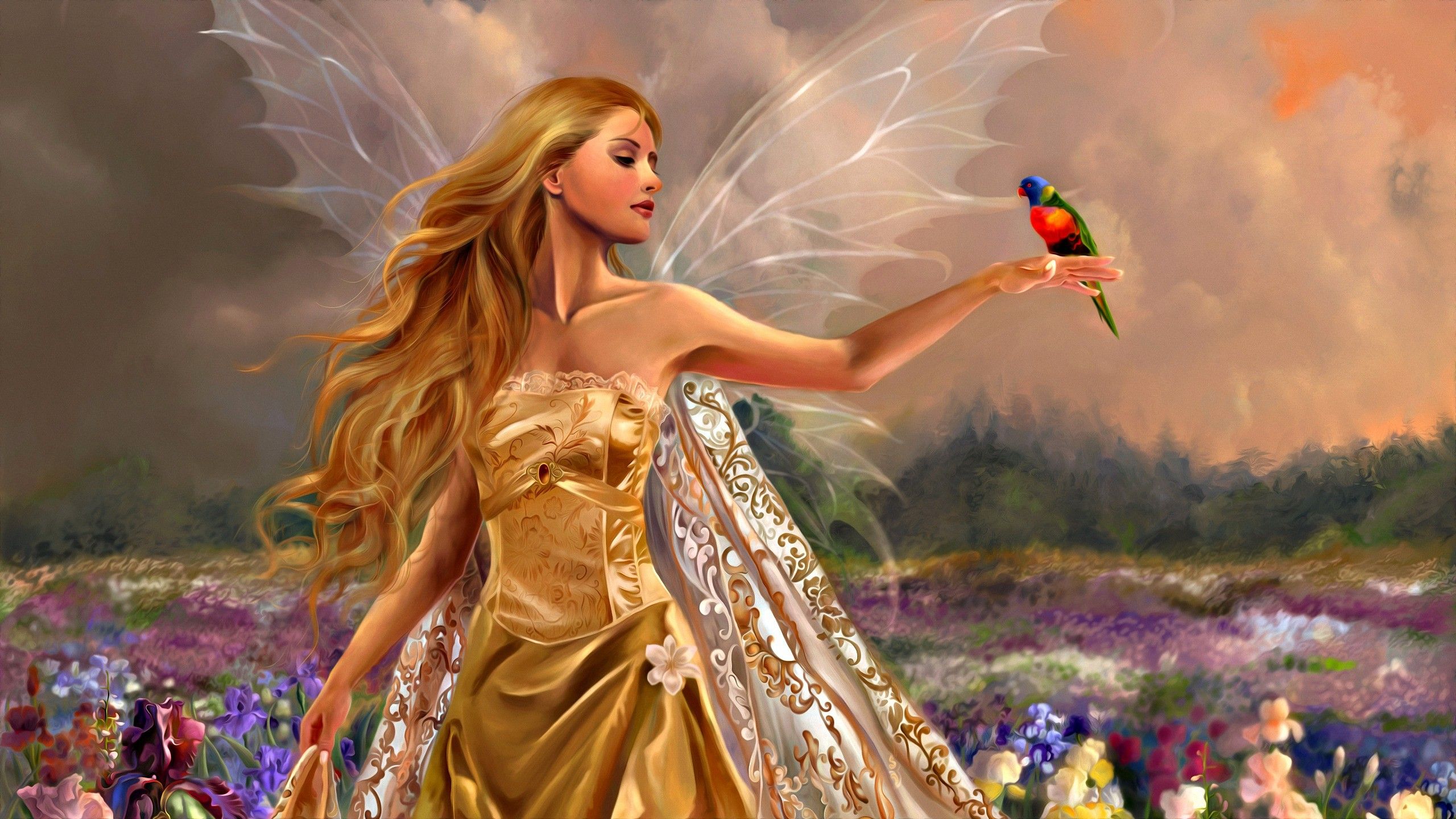 Wallpaper, women, fantasy art, blonde, nature, dress, hair, gold, mythology, fictional character 2560x1440