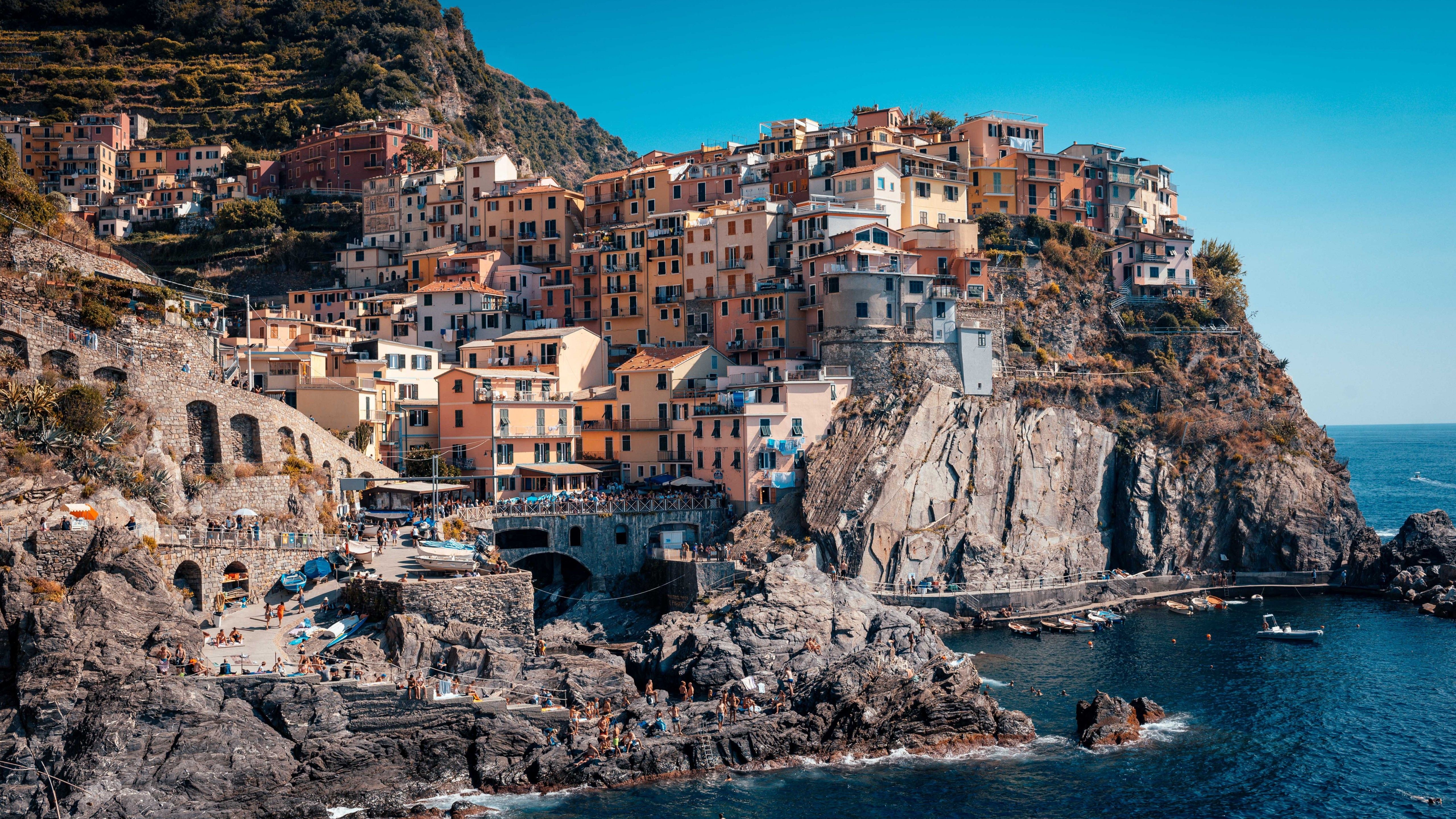 Cinque Terre 4K Wallpaper, Coastline, Buildings, Town, Rocks, Harbor, Cliff, Italy, 5K, World