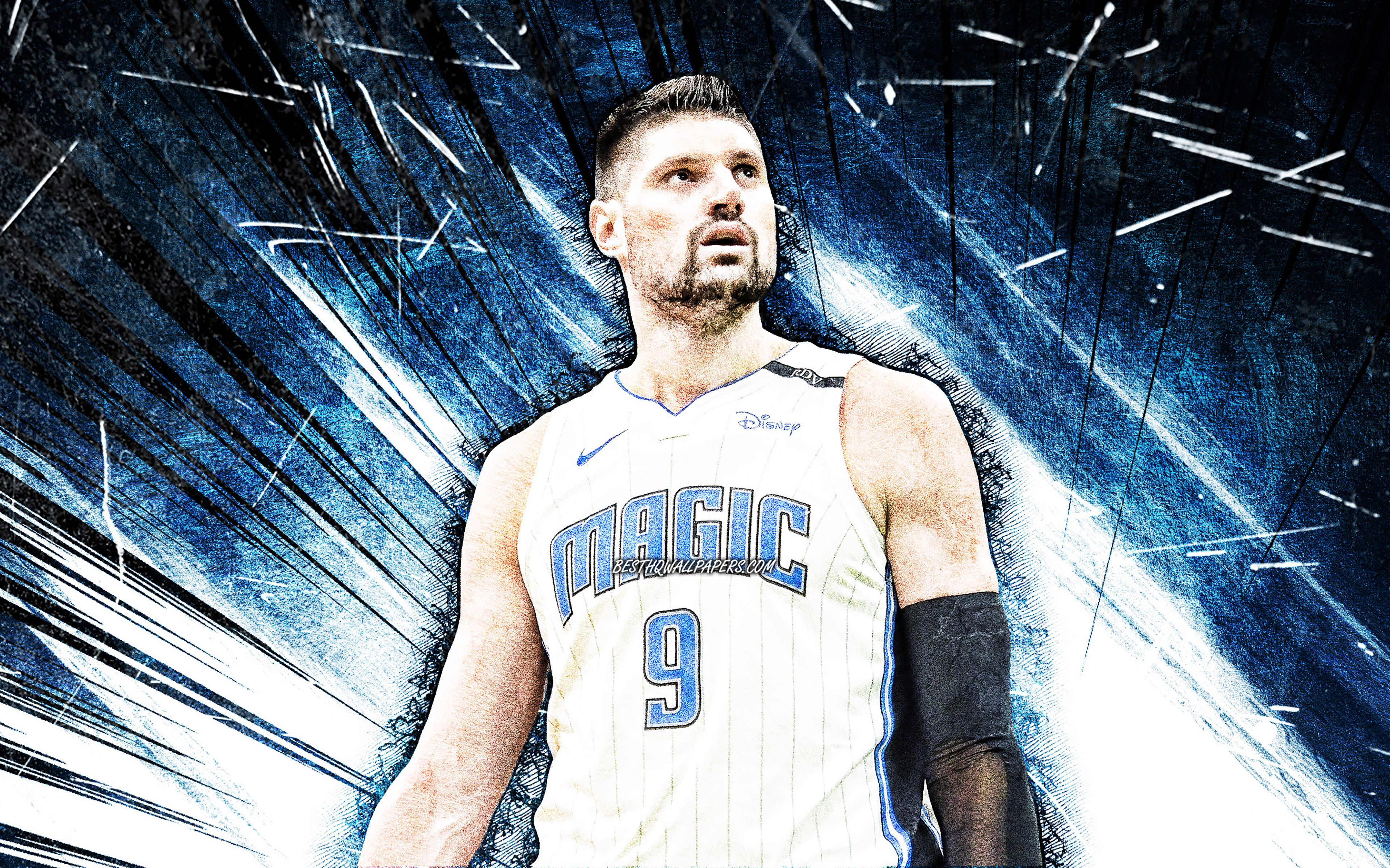 Download wallpaper 4k, Nikola Vucevic, grunge art, Orlando Magic, NBA, basketball, USA, Nikola Vucevic Orlando Magic, blue abstract rays, Nikola Vucevic 4K for desktop with resolution 3840x2400. High Quality HD picture wallpaper