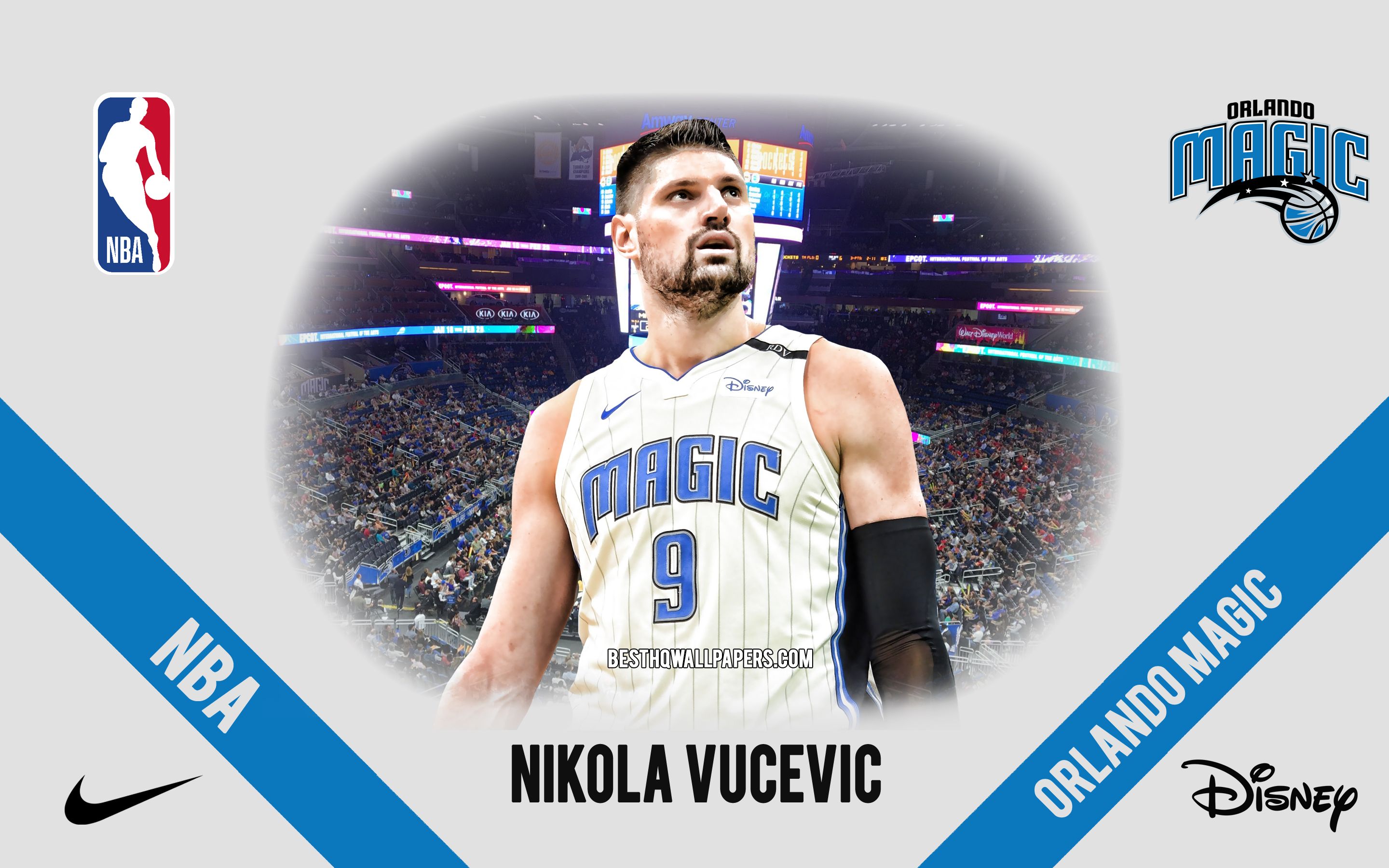 Download wallpaper Nikola Vucevic, Orlando Magic, Montenegrin Basketball Player, NBA, portrait, USA, basketball, Amway Center, Orlando Magic logo for desktop with resolution 2880x1800. High Quality HD picture wallpaper