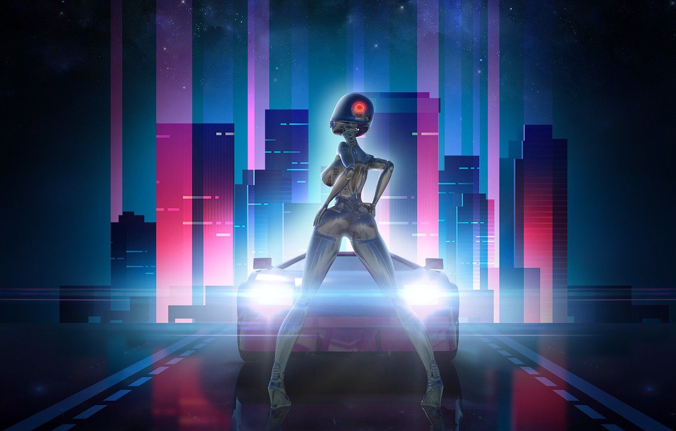 Wallpaper The city, Stars, The game, Robot, Neon, Machine, Light, Background, Synthpop, Darkwave, Synth, Neon Drive, Retrowave, Synthwave, Synth pop image for desktop, section игры