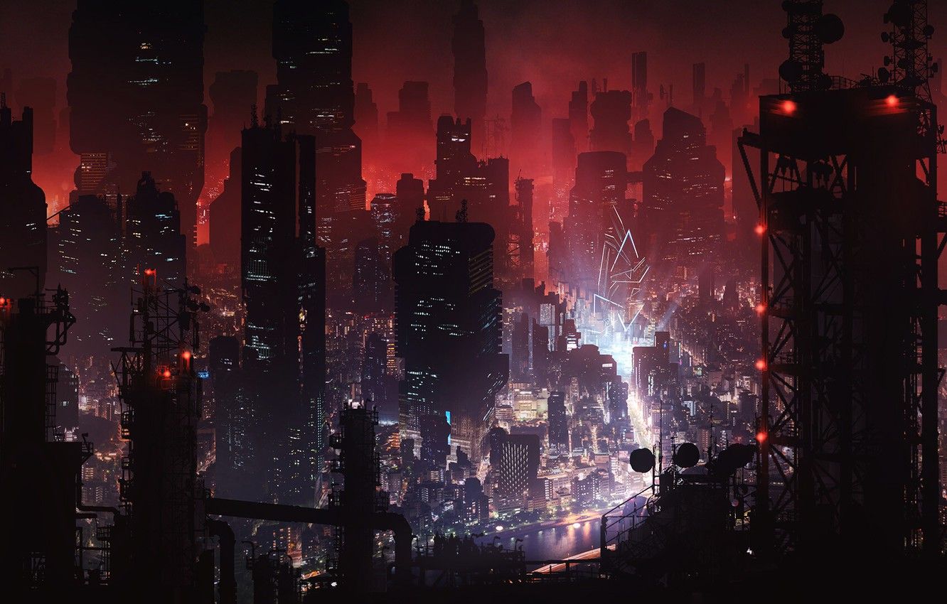 Wallpaper night, the city, Night, Skyscrapers, Building, City, Fantasy, Megapolis, Fiction, Lighting, Concept Art, Dystopia, Metropolis, Science Fiction, Nigth, Environments image for desktop, section фантастика