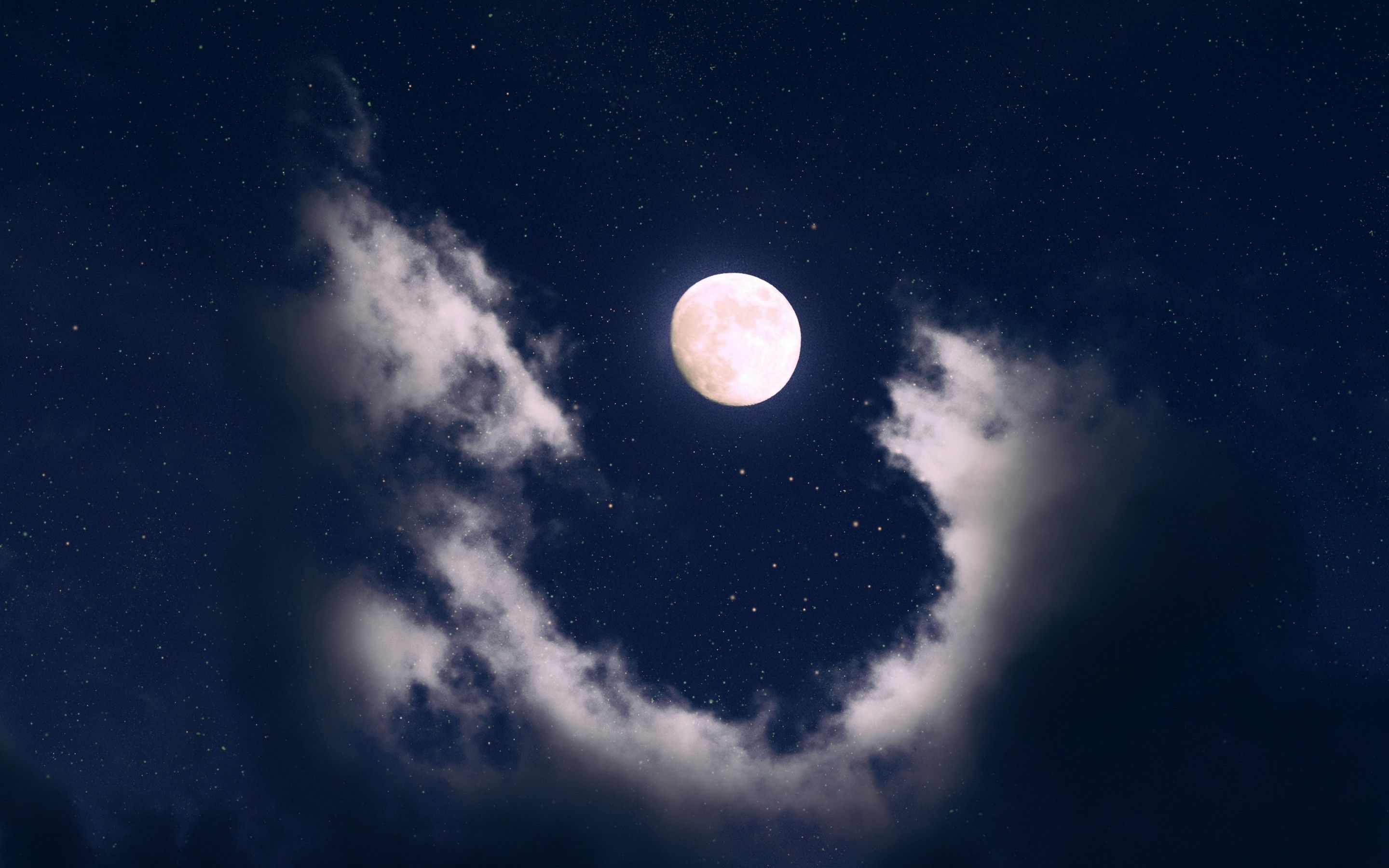 Full moon 4K Wallpaper, Clouds, Night, Starry sky, Nature