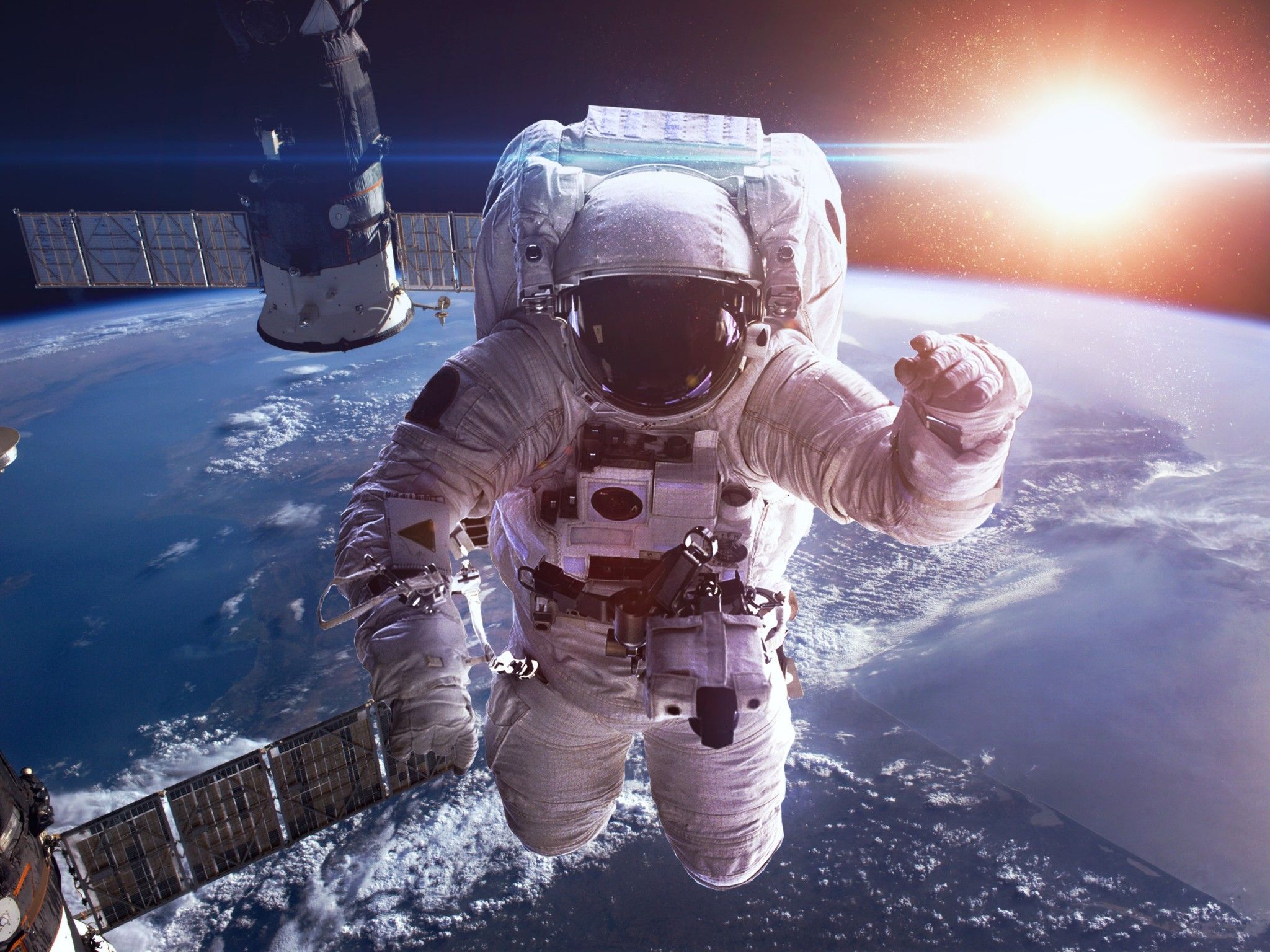 Astronaut 4K Wallpaper, Earth, Sun, Space Suit, Space station, Space Adventure, Satellite, Space