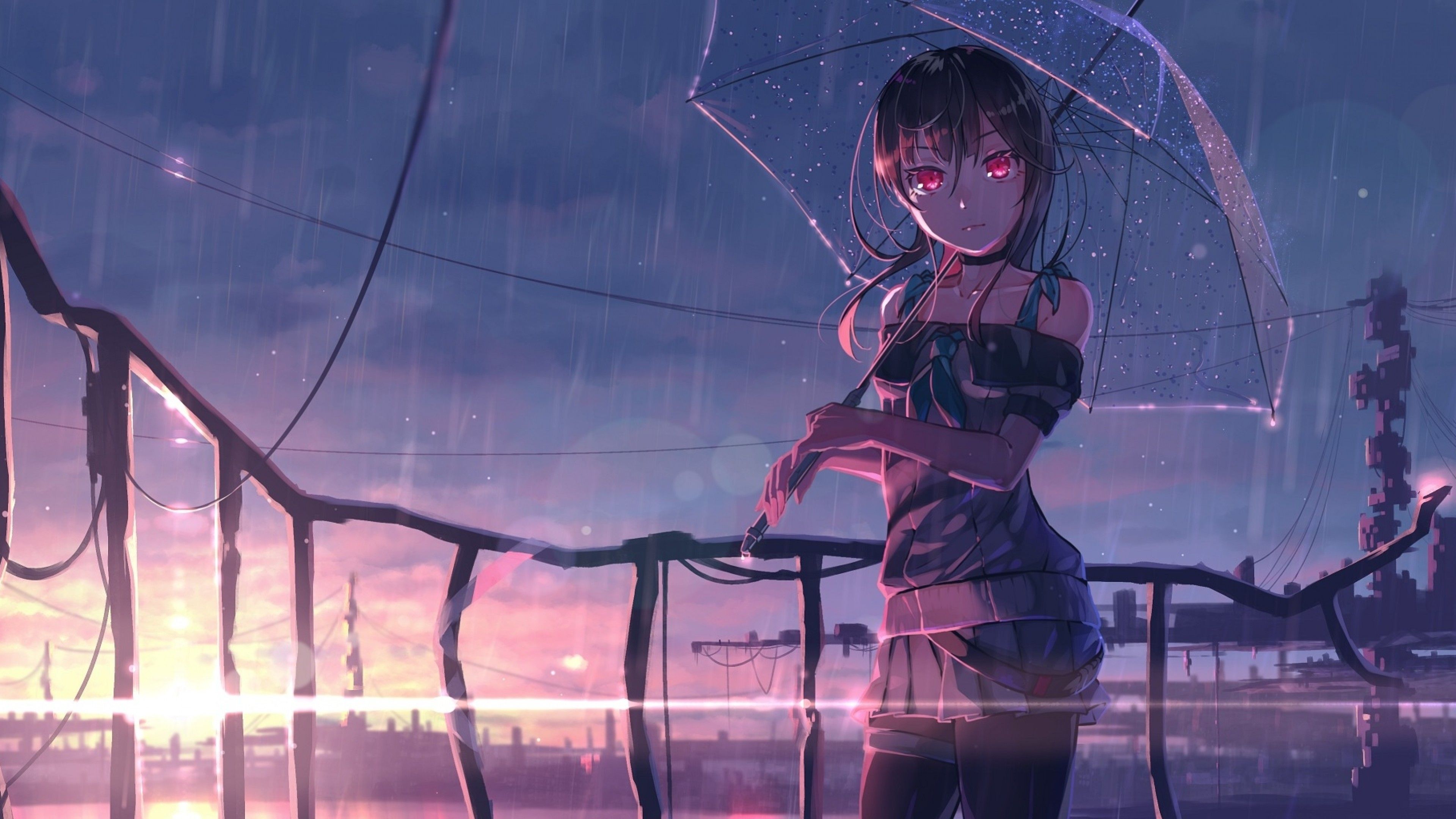 Download 3840x2160 Anime Girl, Raining, Sunset, Transparent Umbrella, Scenery Wallpaper for UHD TV