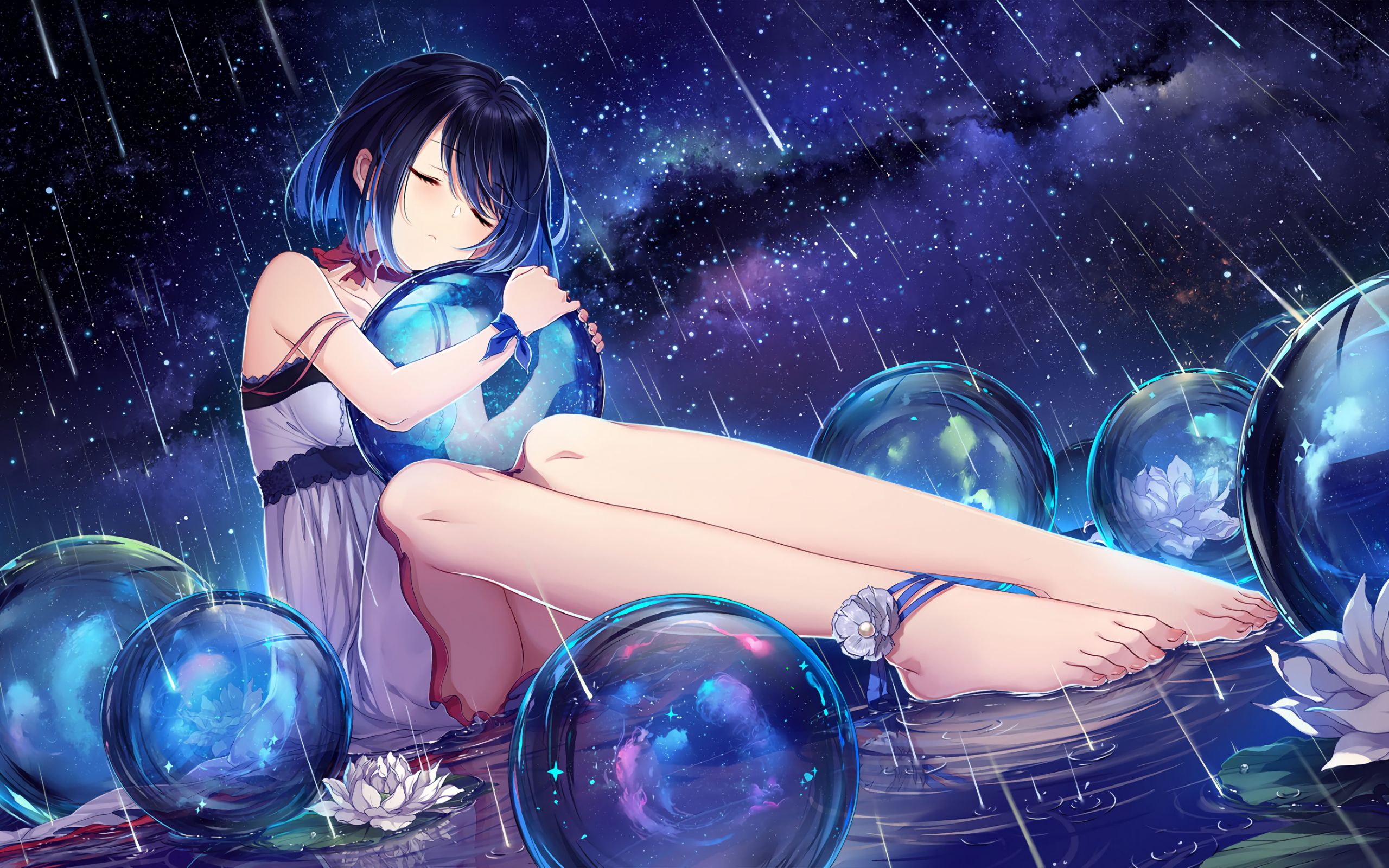 Desktop Wallpaper Rain, Anime Girl, Balls, Night, HD Image, Picture, Background, Zsznkv