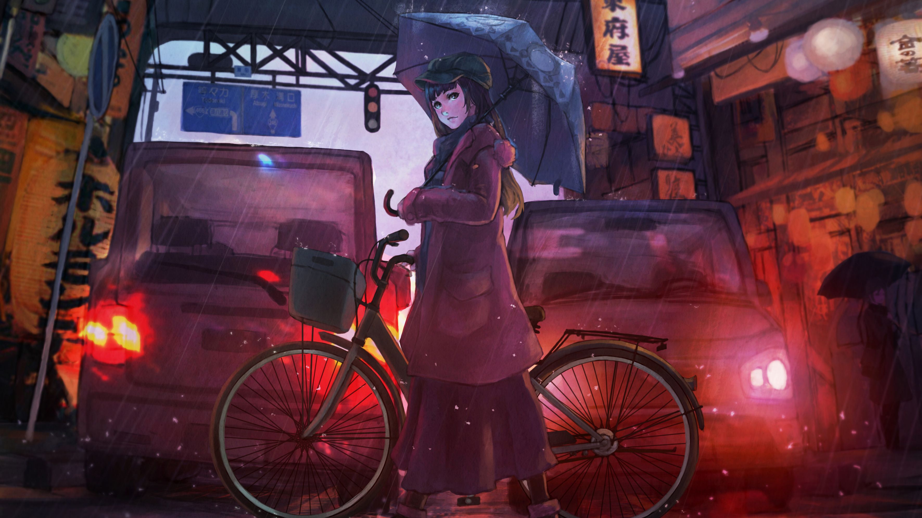Anime Girl Cyle Rain Umbrella, HD Anime, 4k Wallpaper, Image, Background, Photo and Picture
